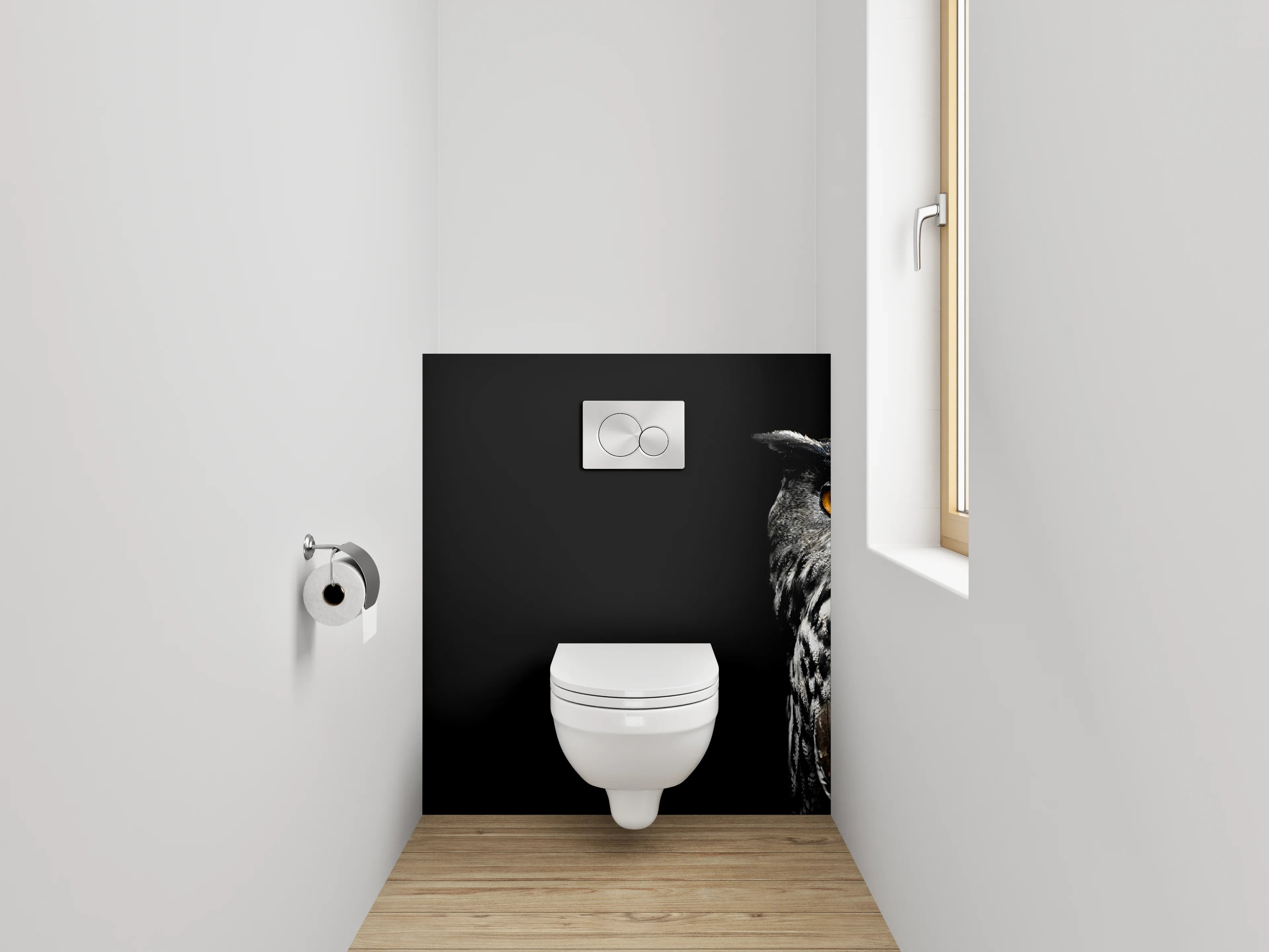 WC-Rückwand - Uhu Porträt auf schwarzem Hintergrund