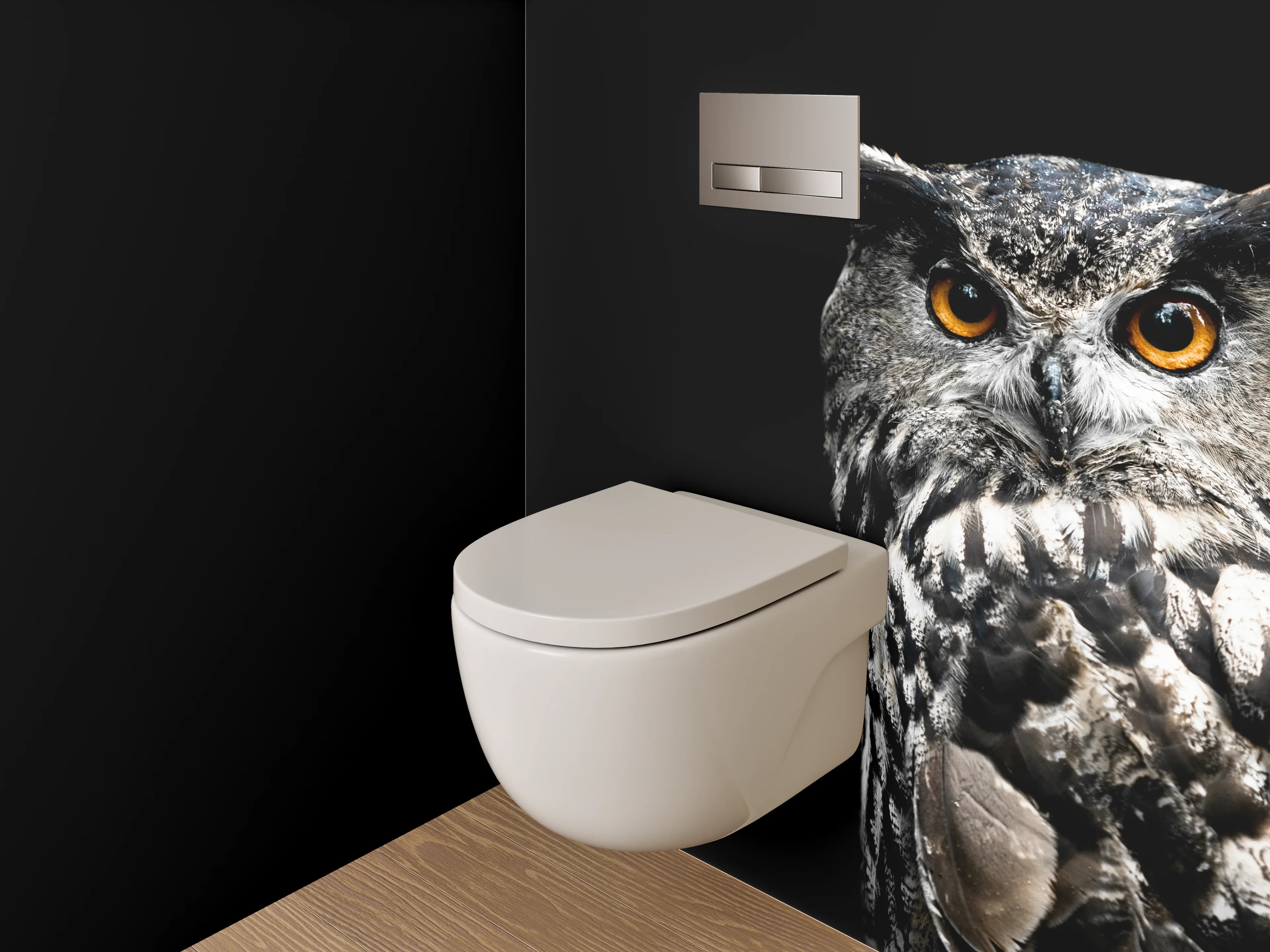 WC-Rückwand - Uhu Porträt auf schwarzem Hintergrund