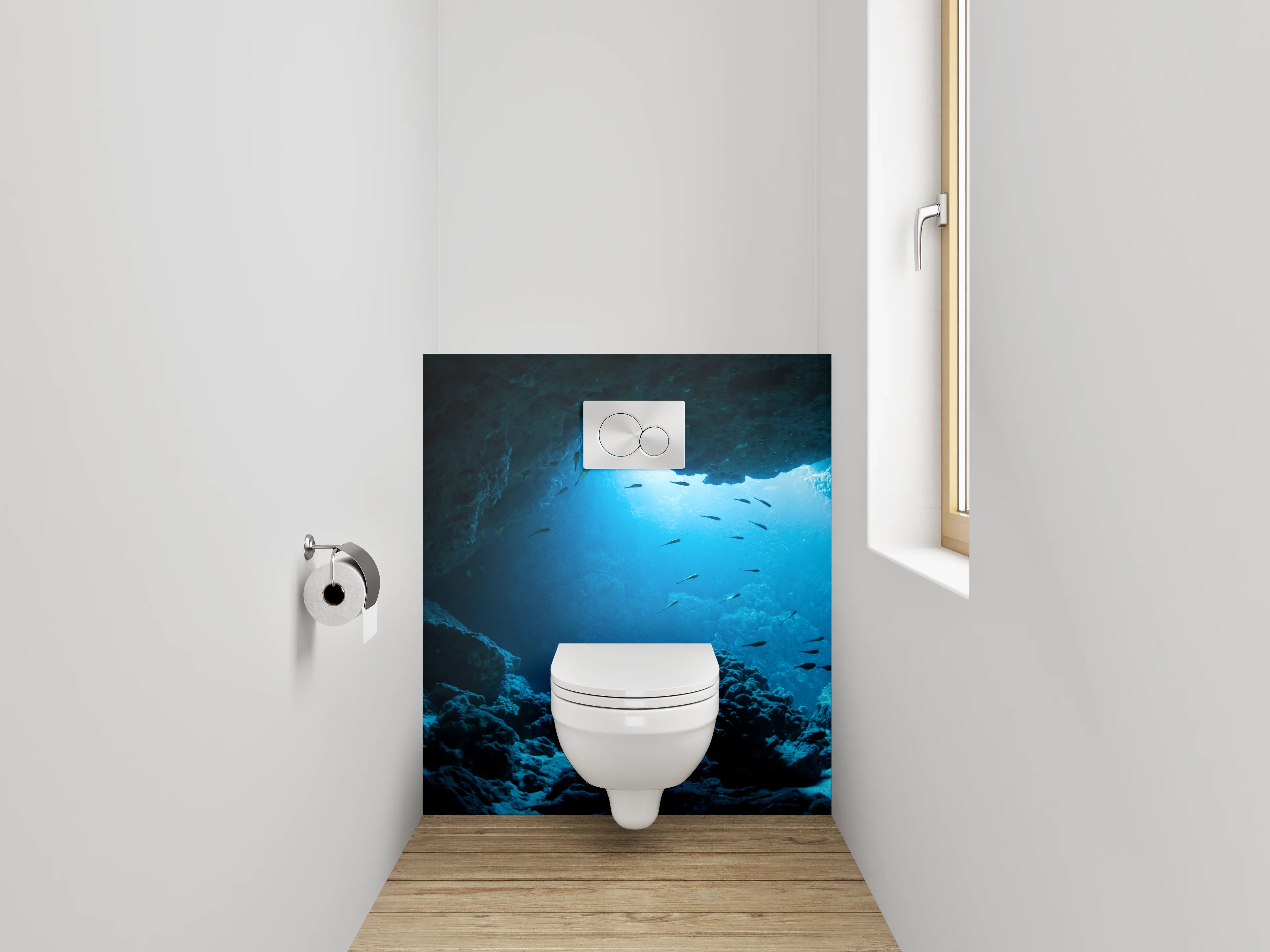 WC-Rückwand - Unterwasserhöhle mit Fischen