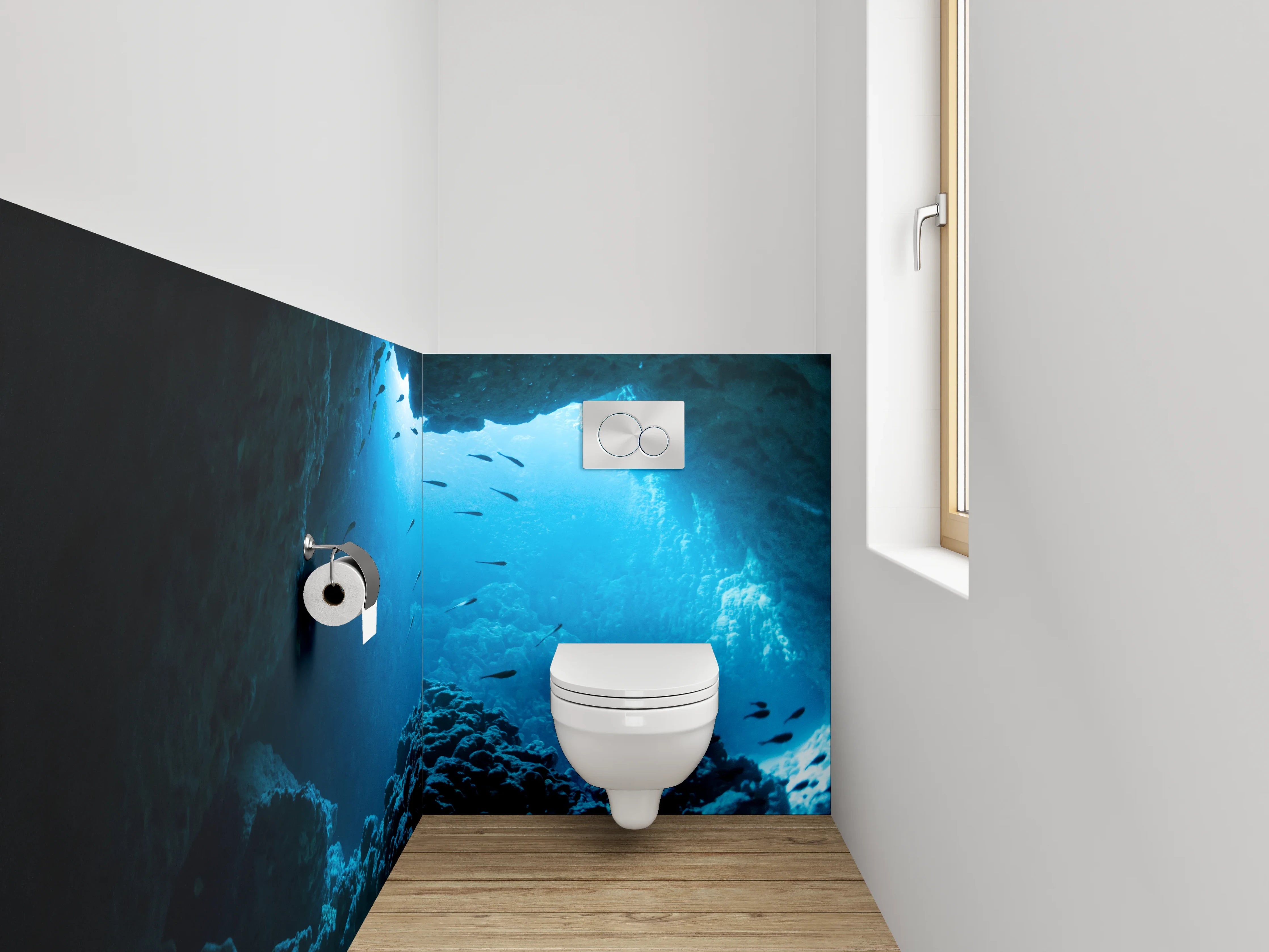 WC-Rückwand - Unterwasserhöhle mit Fischen