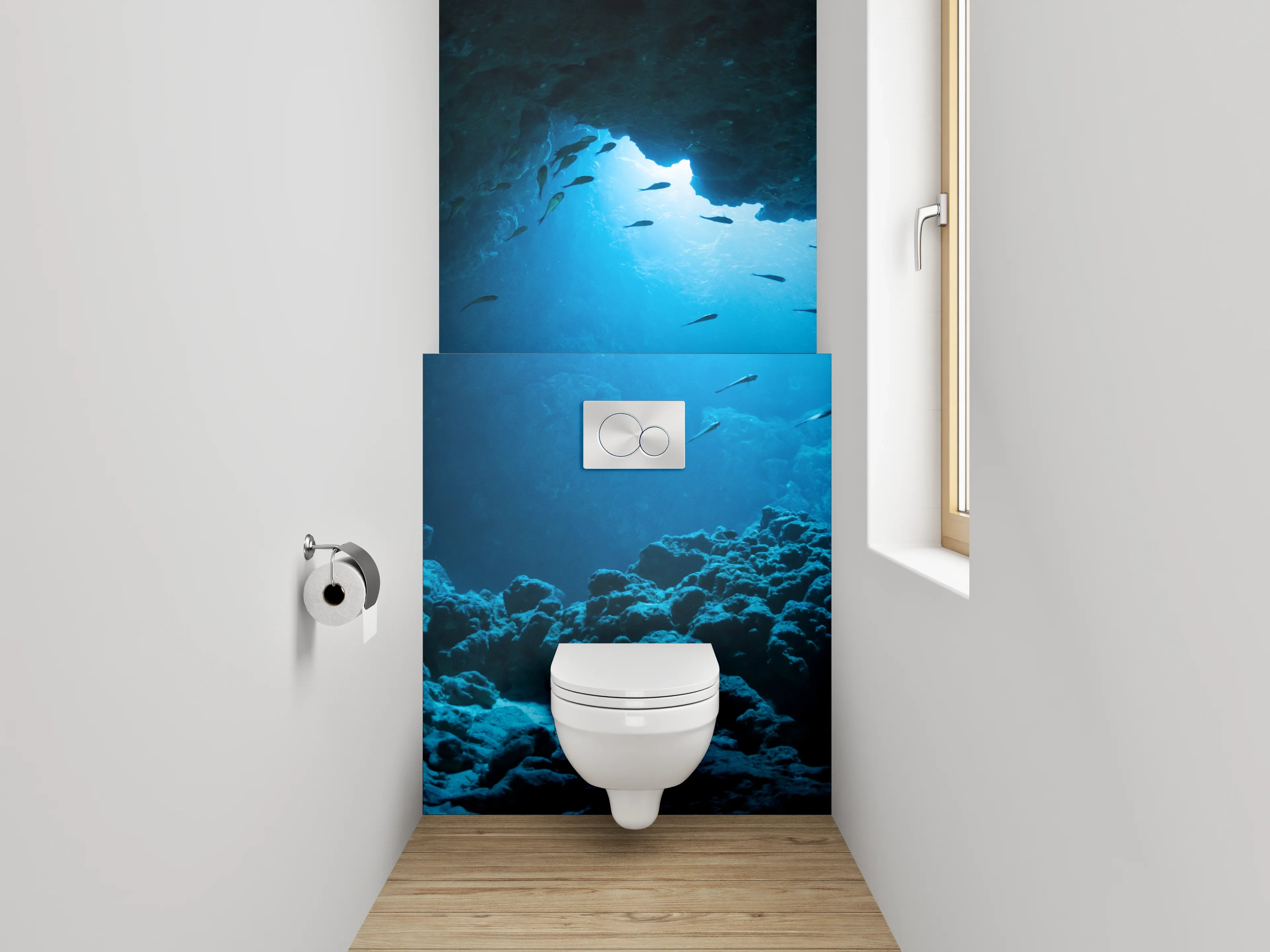 WC-Rückwand - Unterwasserhöhle mit Fischen