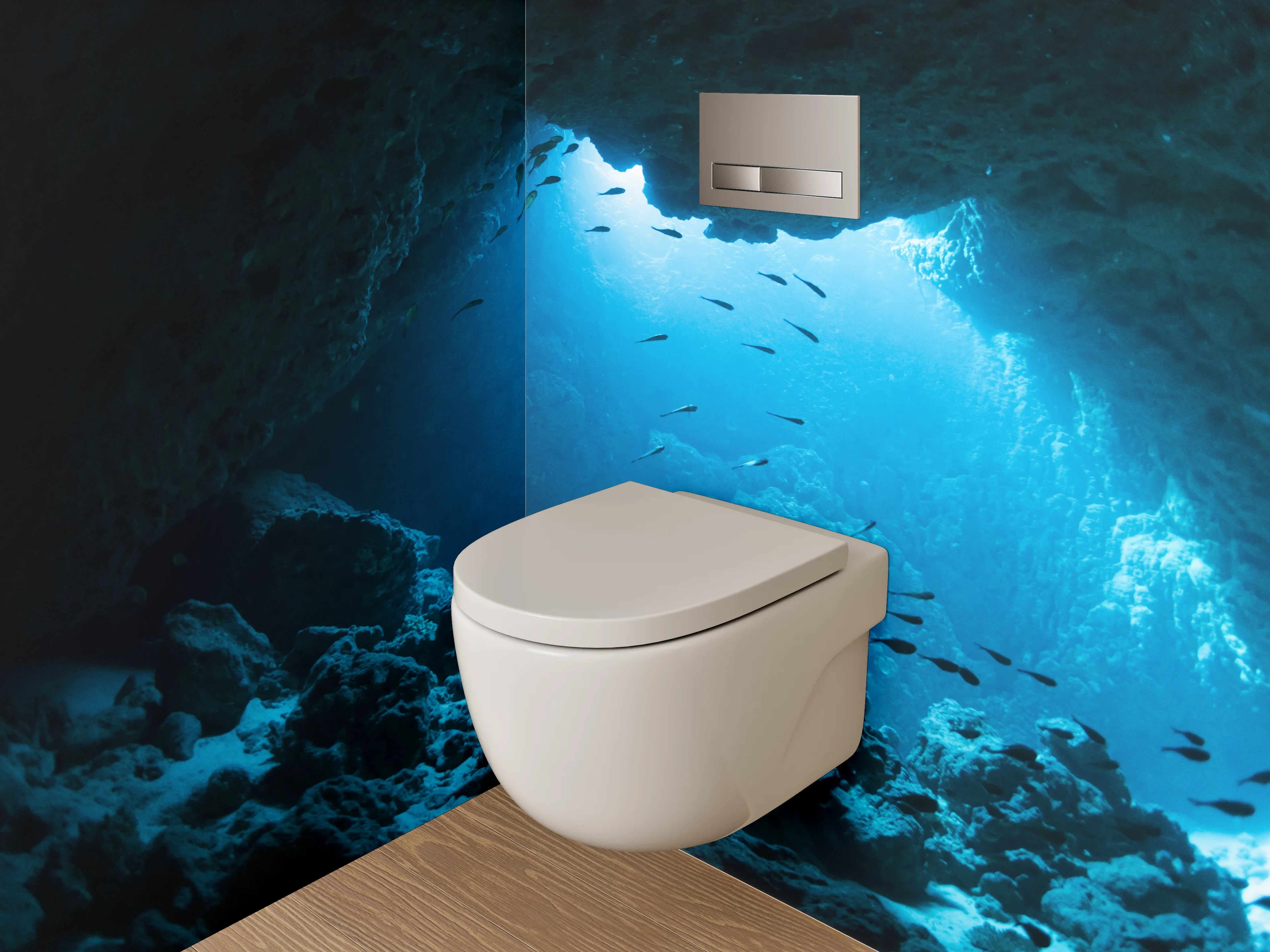 WC-Rückwand - Unterwasserhöhle mit Fischen