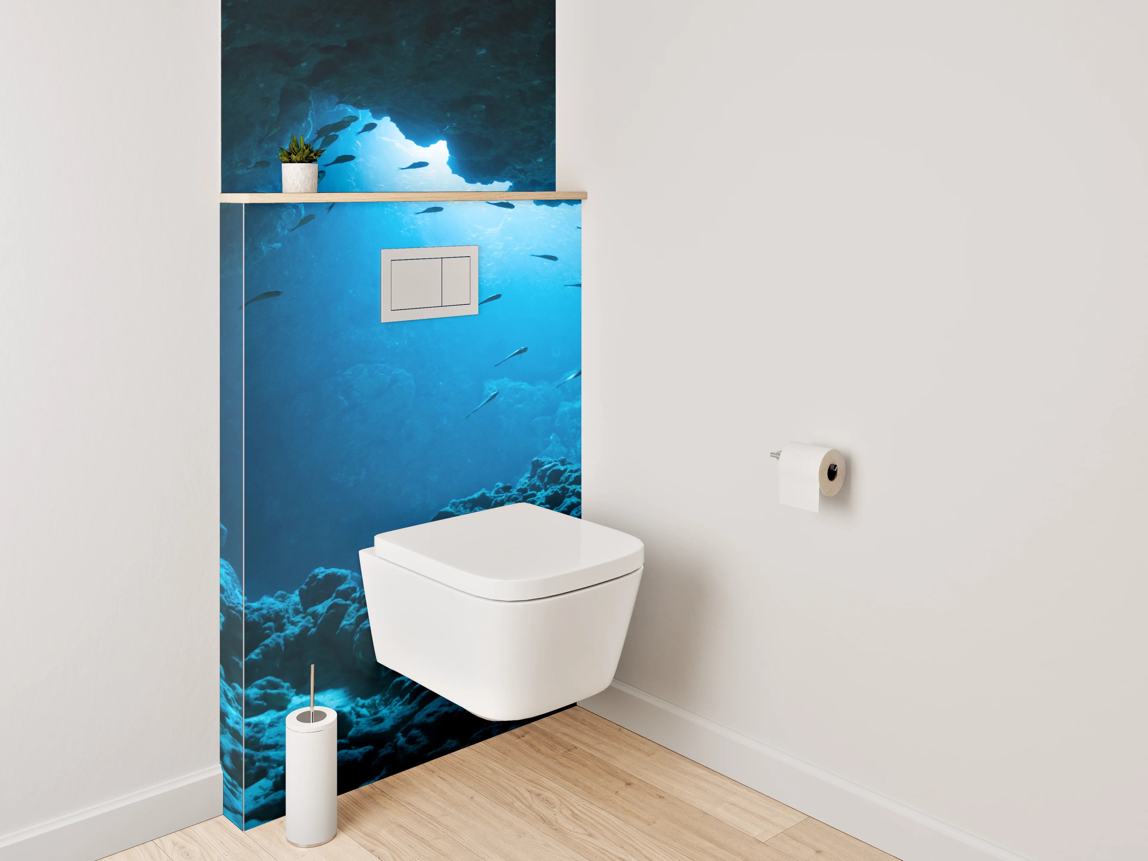 WC-Rückwand - Unterwasserhöhle mit Fischen