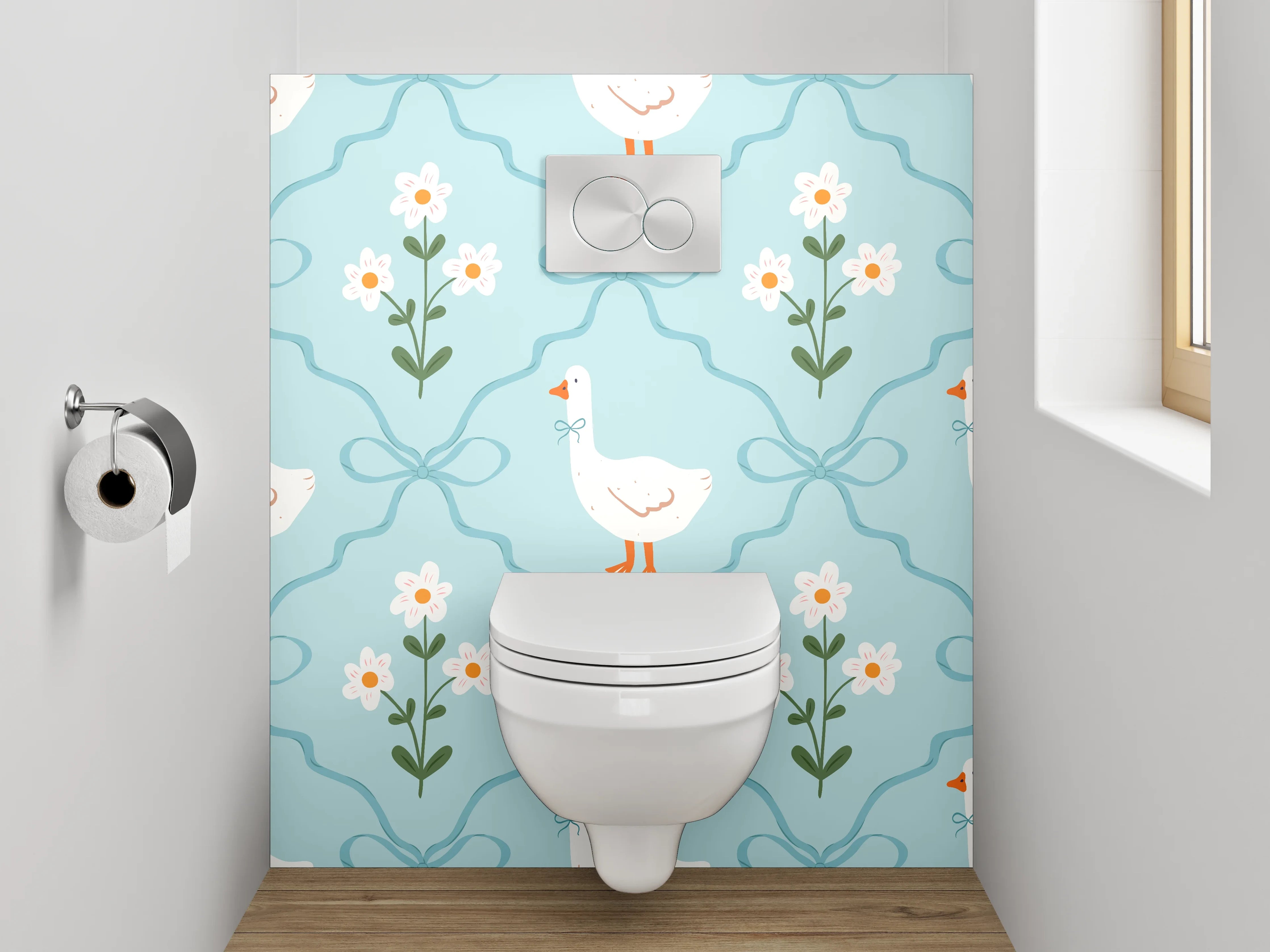 WC-Rückwand - Verspieltes Gänse-Dekor auf Blau