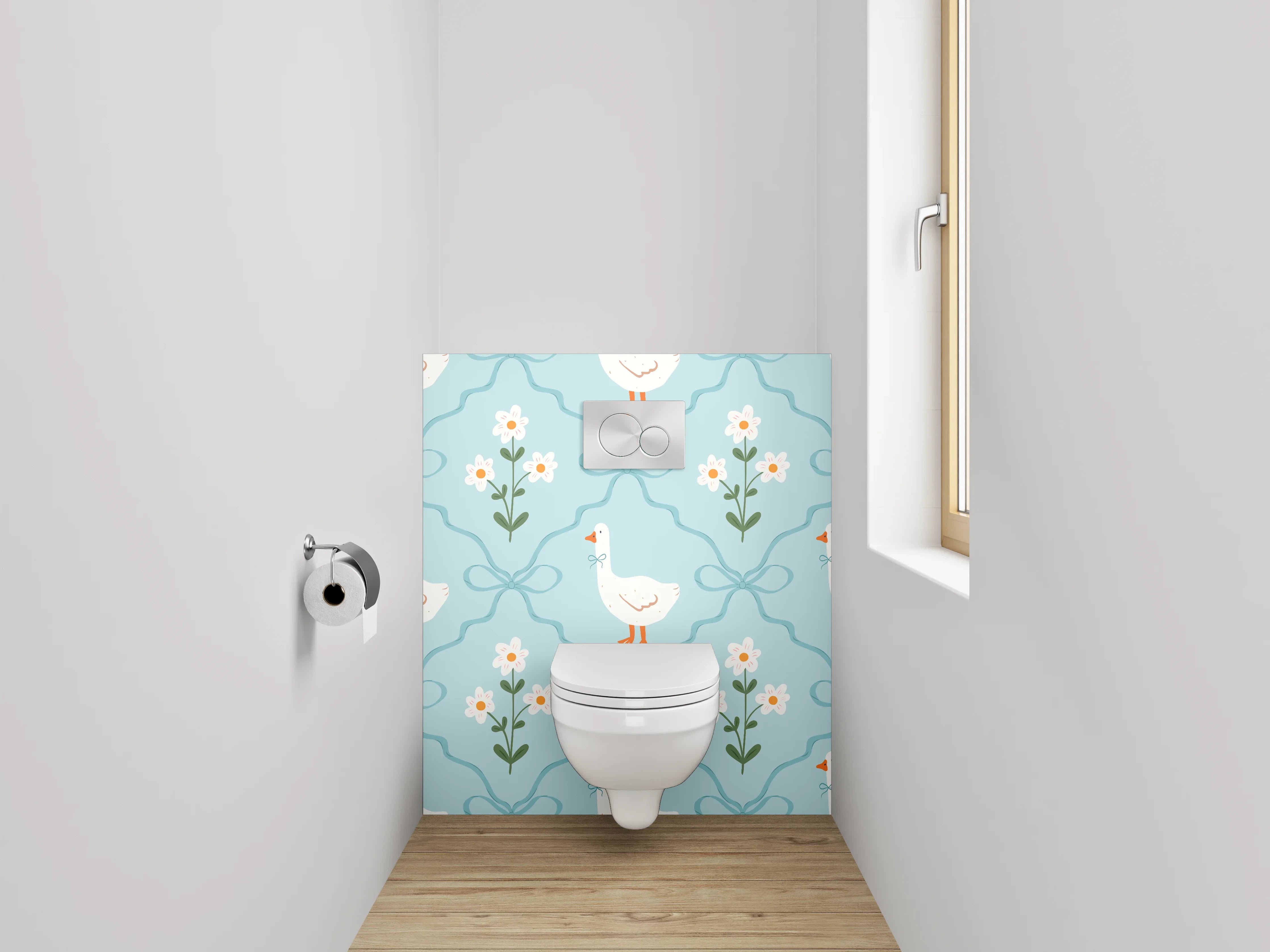 WC-Rückwand - Verspieltes Gänse-Dekor auf Blau