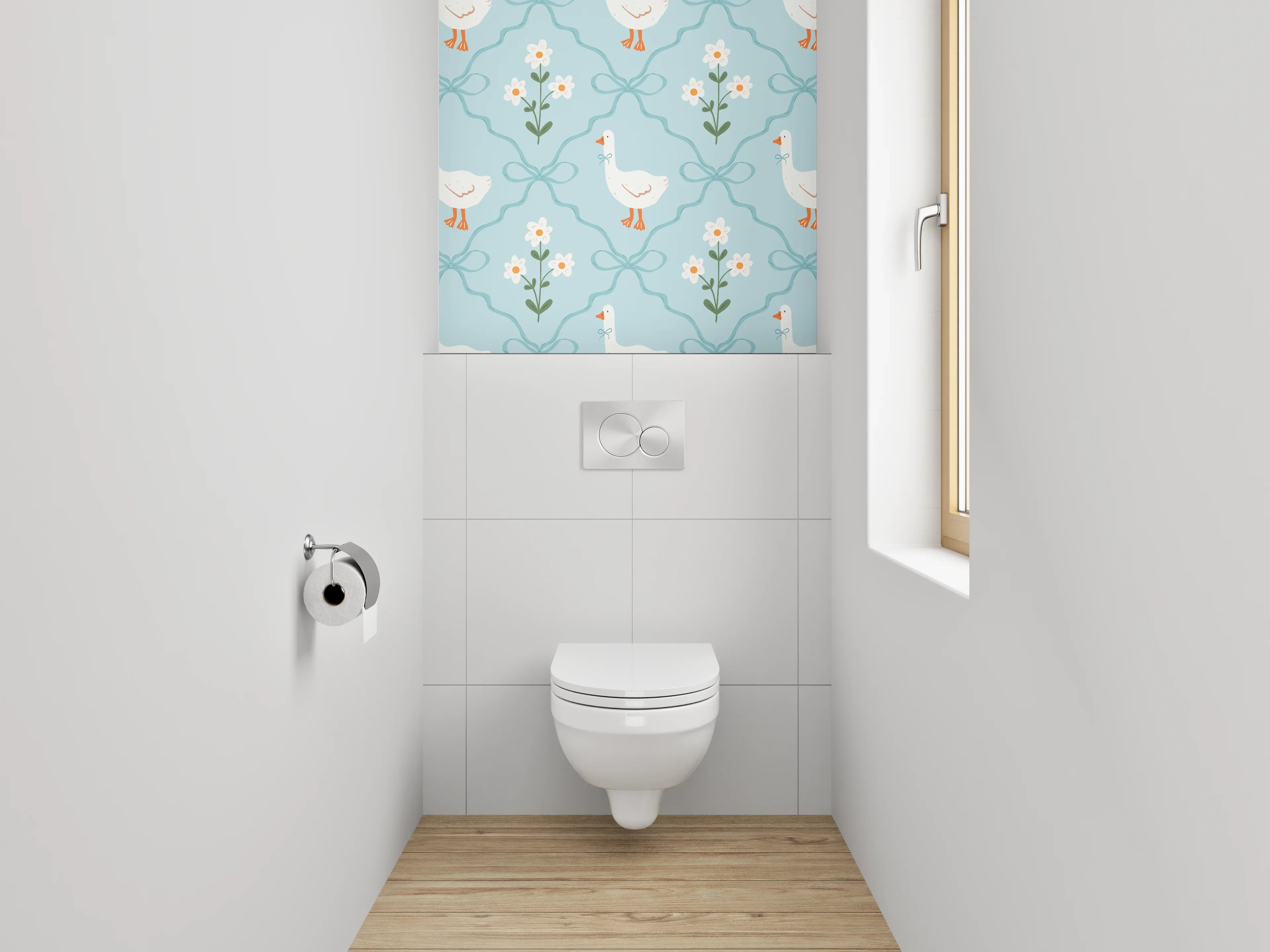 WC-Rückwand - Verspieltes Gänse-Dekor auf Blau