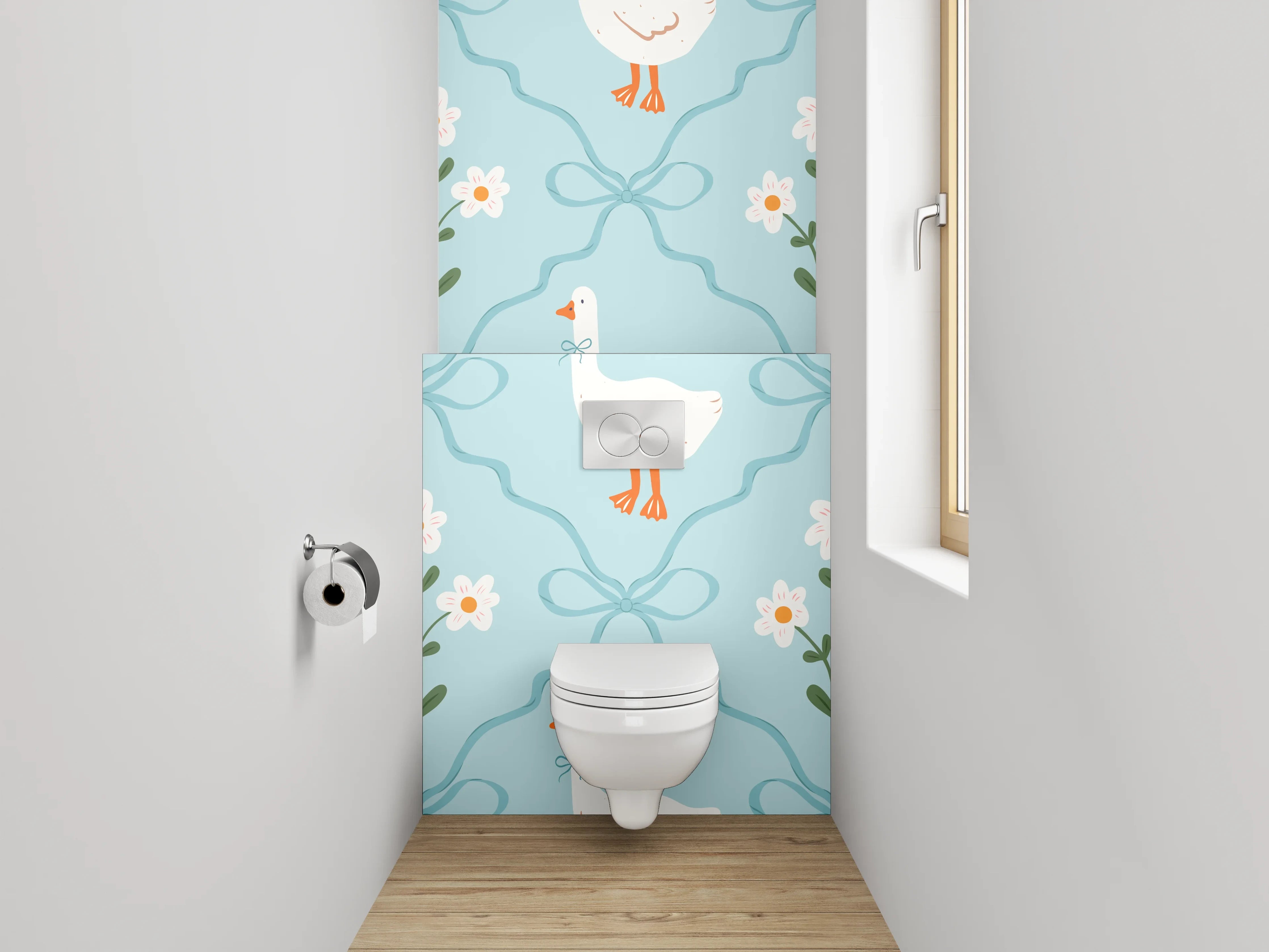 WC-Rückwand - Verspieltes Gänse-Dekor auf Blau