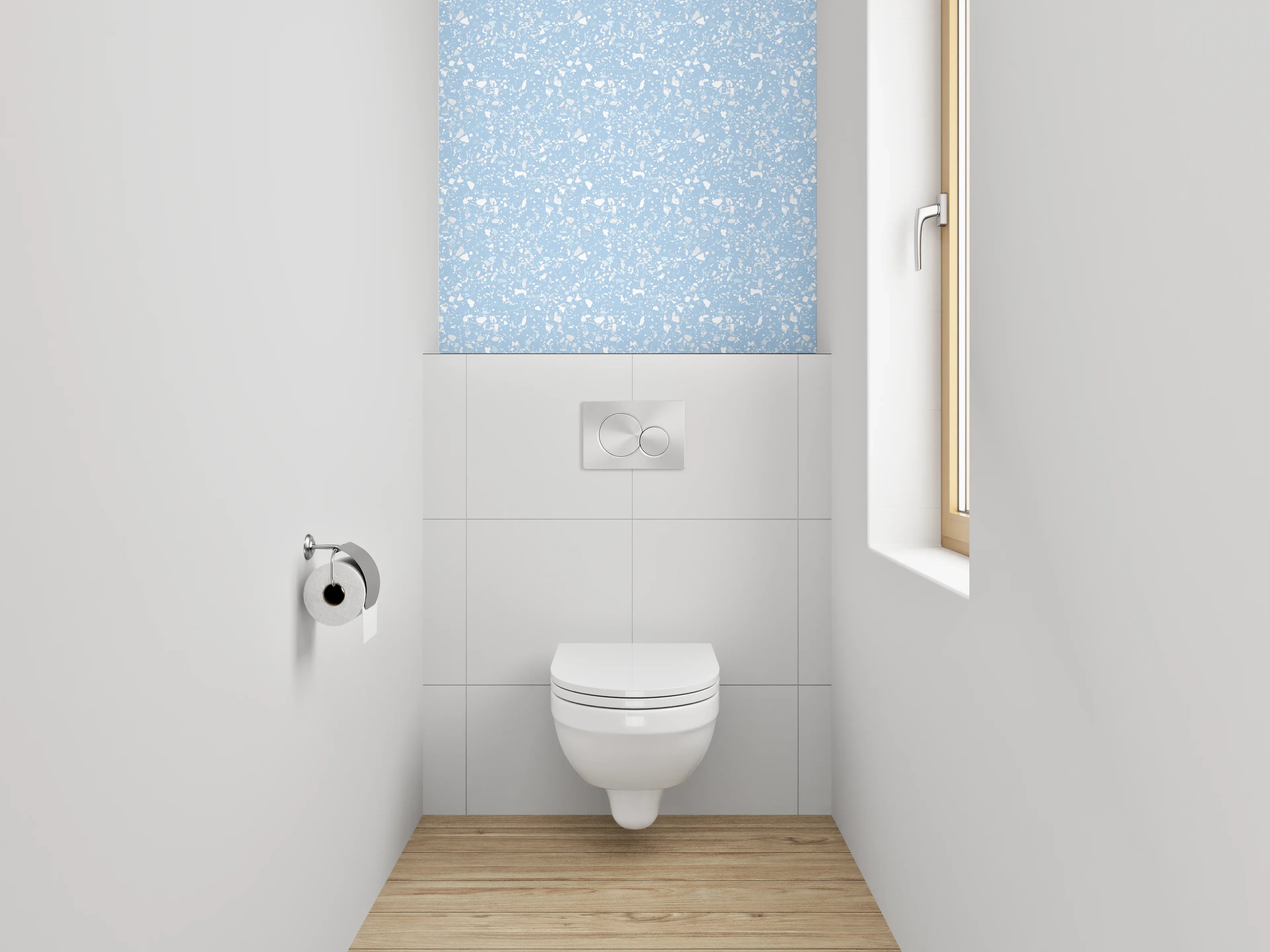 WC-Rückwand - Verspieltes Muster in Hellblau und Weiß