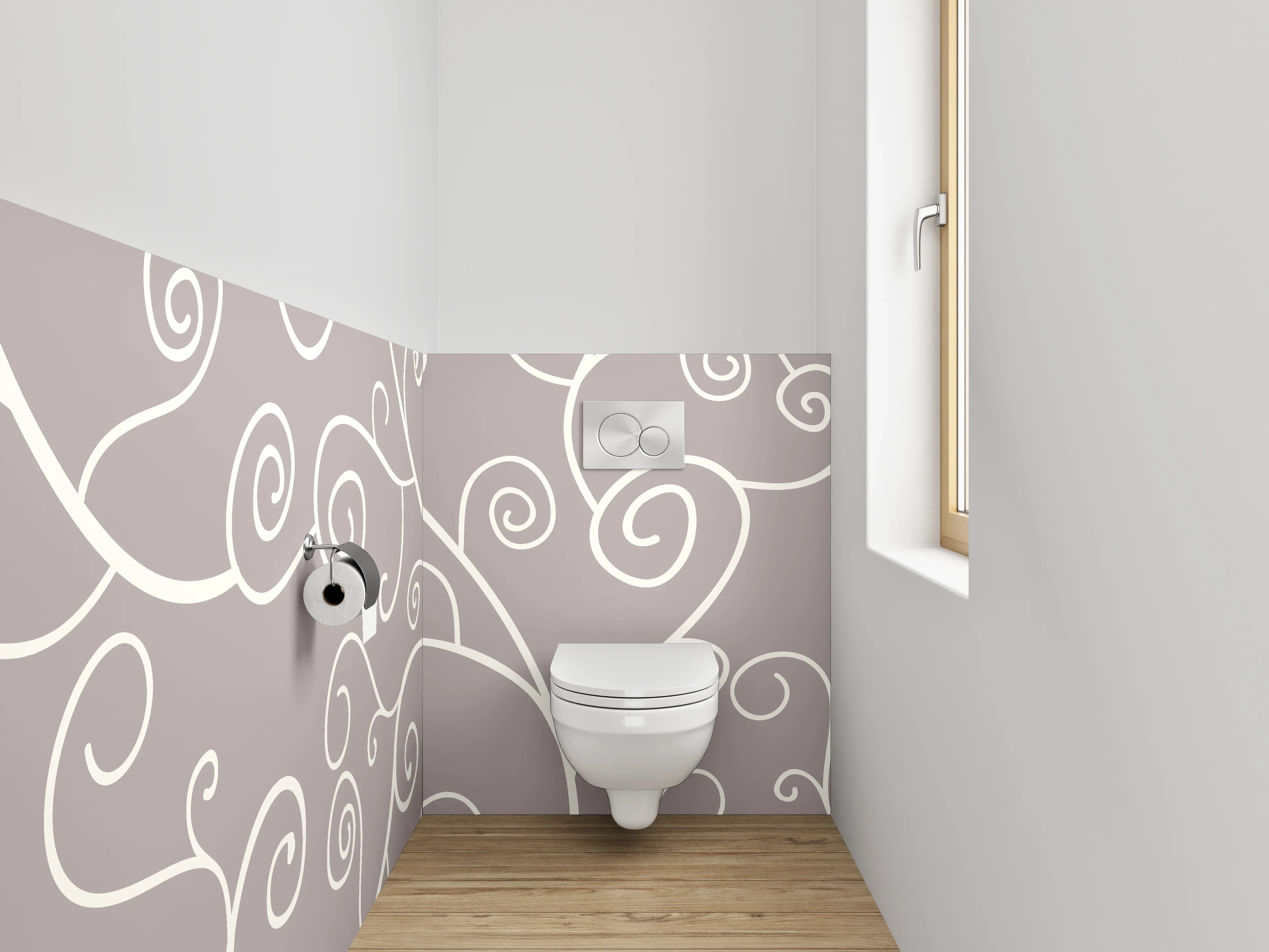 WC-Rückwand - Verspieltes Weiß-Grau Rankenmuster Lineart