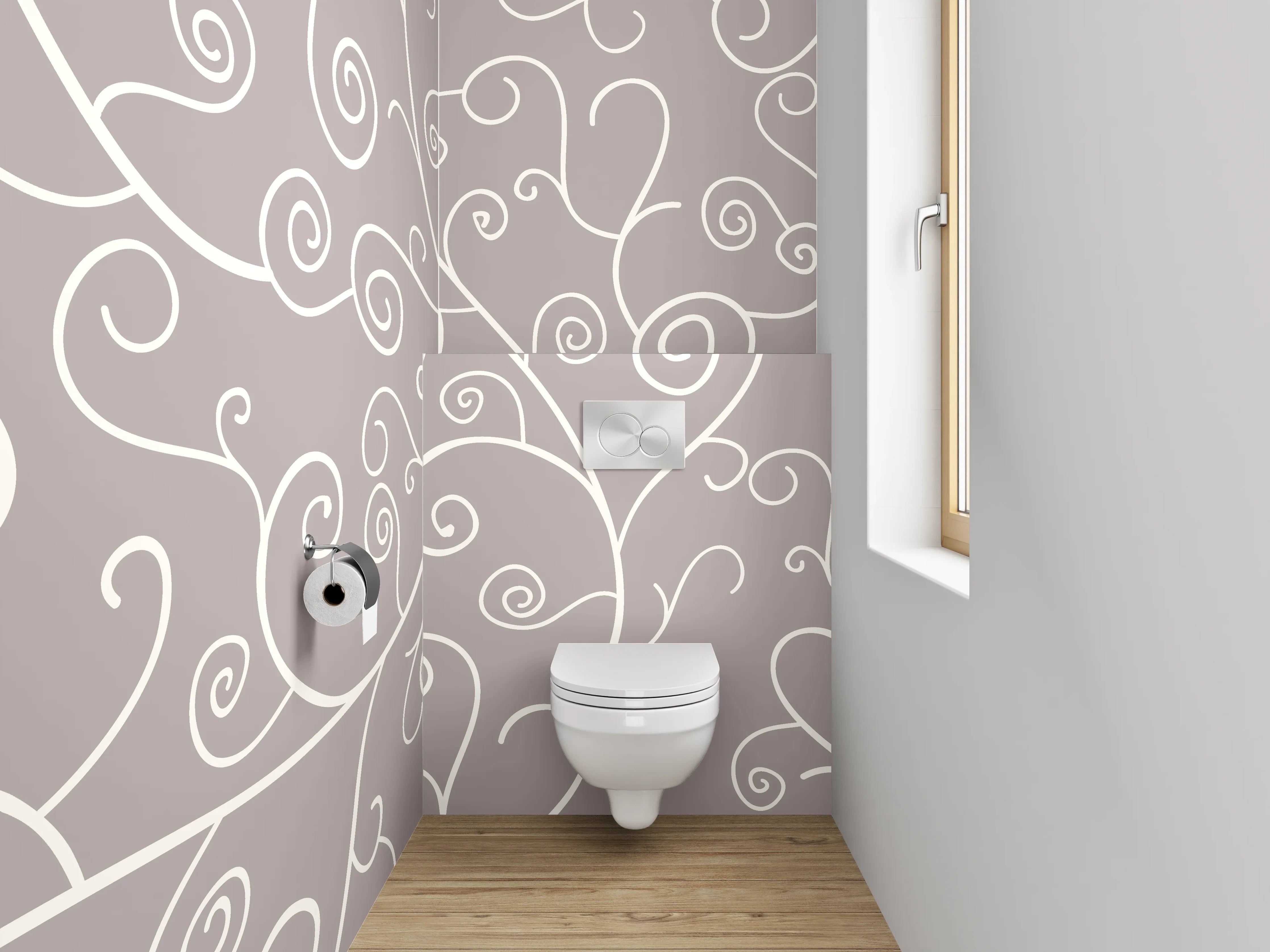 WC-Rückwand - Verspieltes Weiß-Grau Rankenmuster Lineart