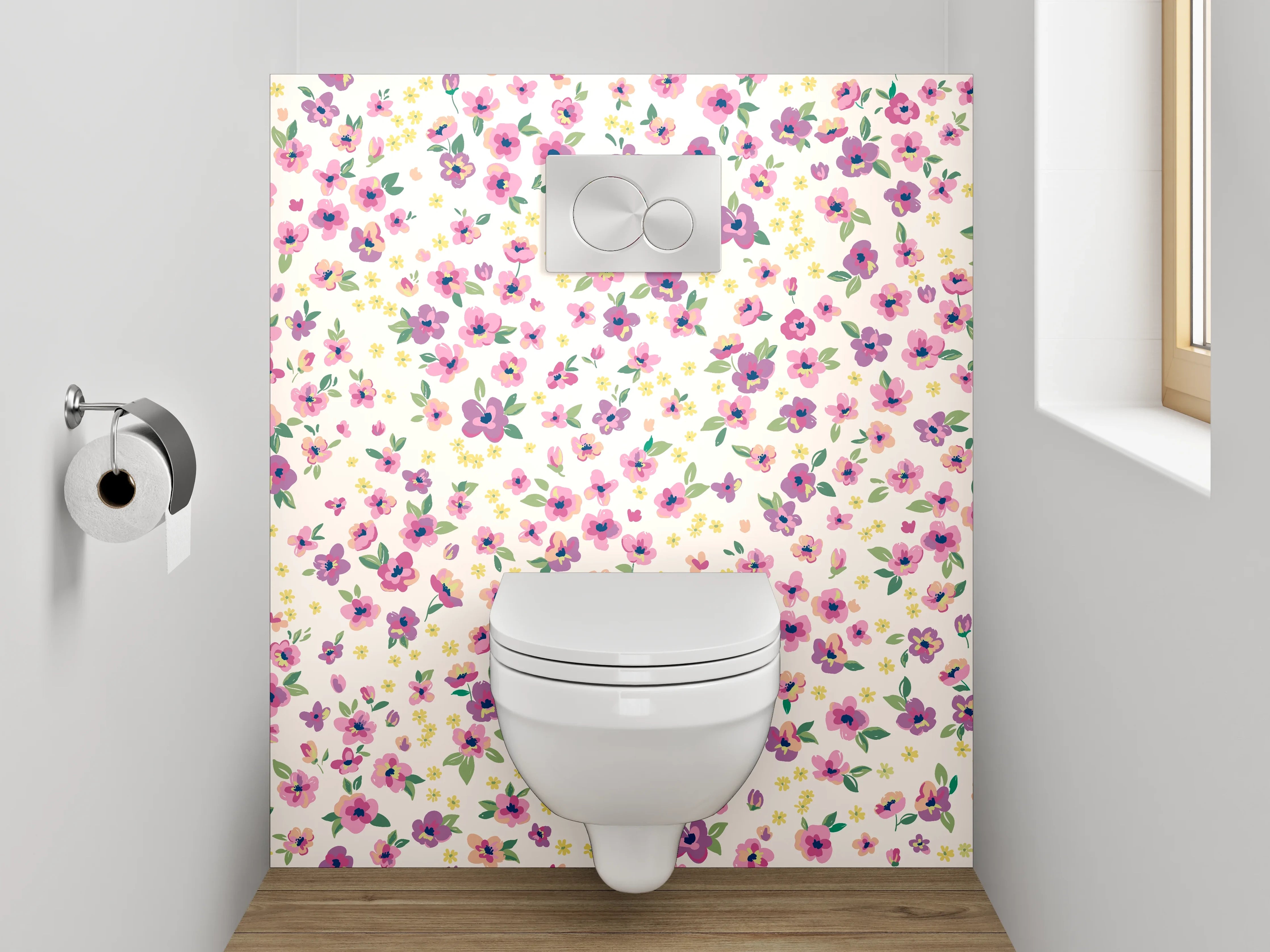 WC-Rückwand - Vintage Blümchenmuster Rosa Lila Weiß