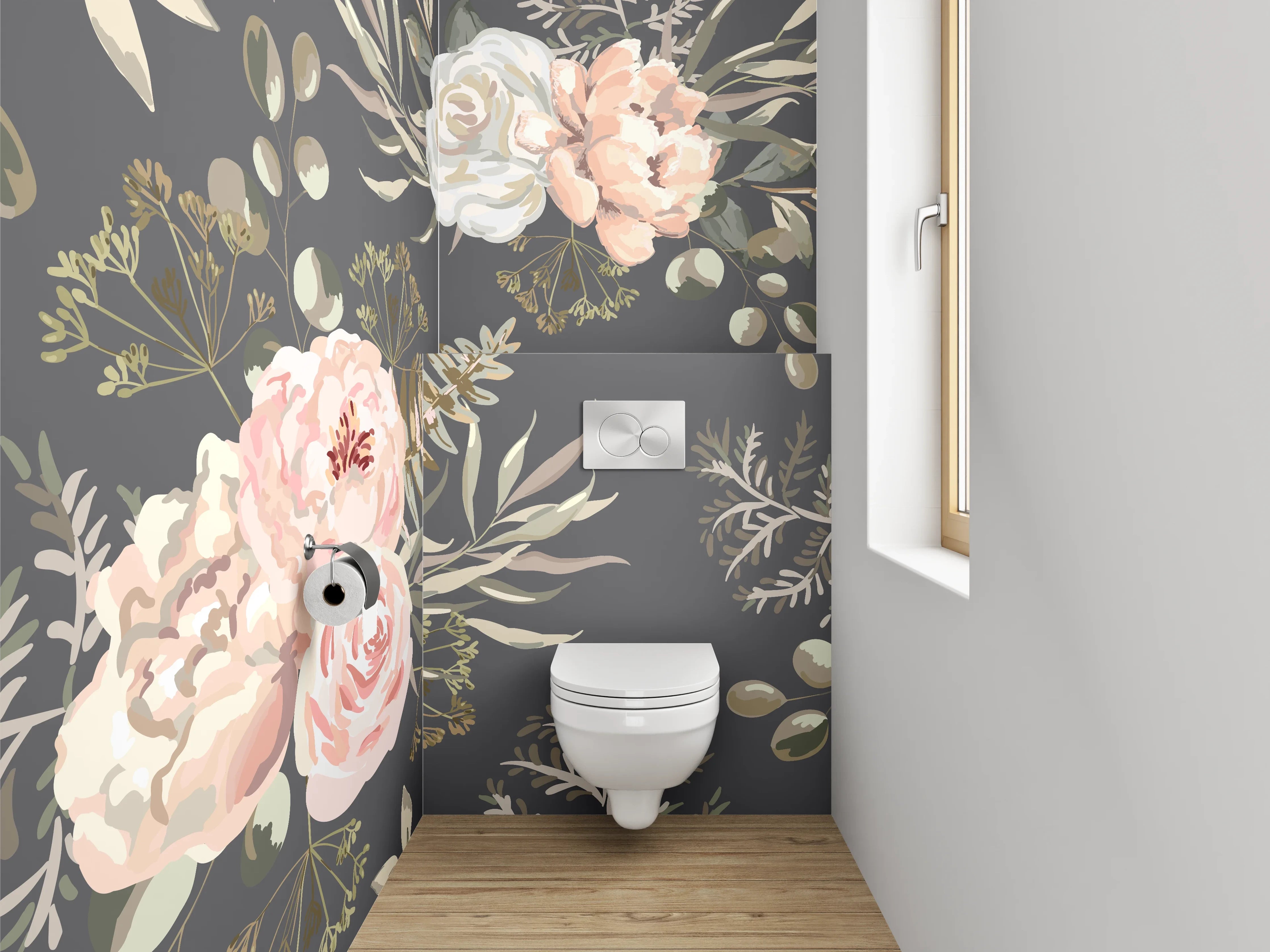 WC-Rückwand - Vintage Blumen Aquarell Rosé Grau