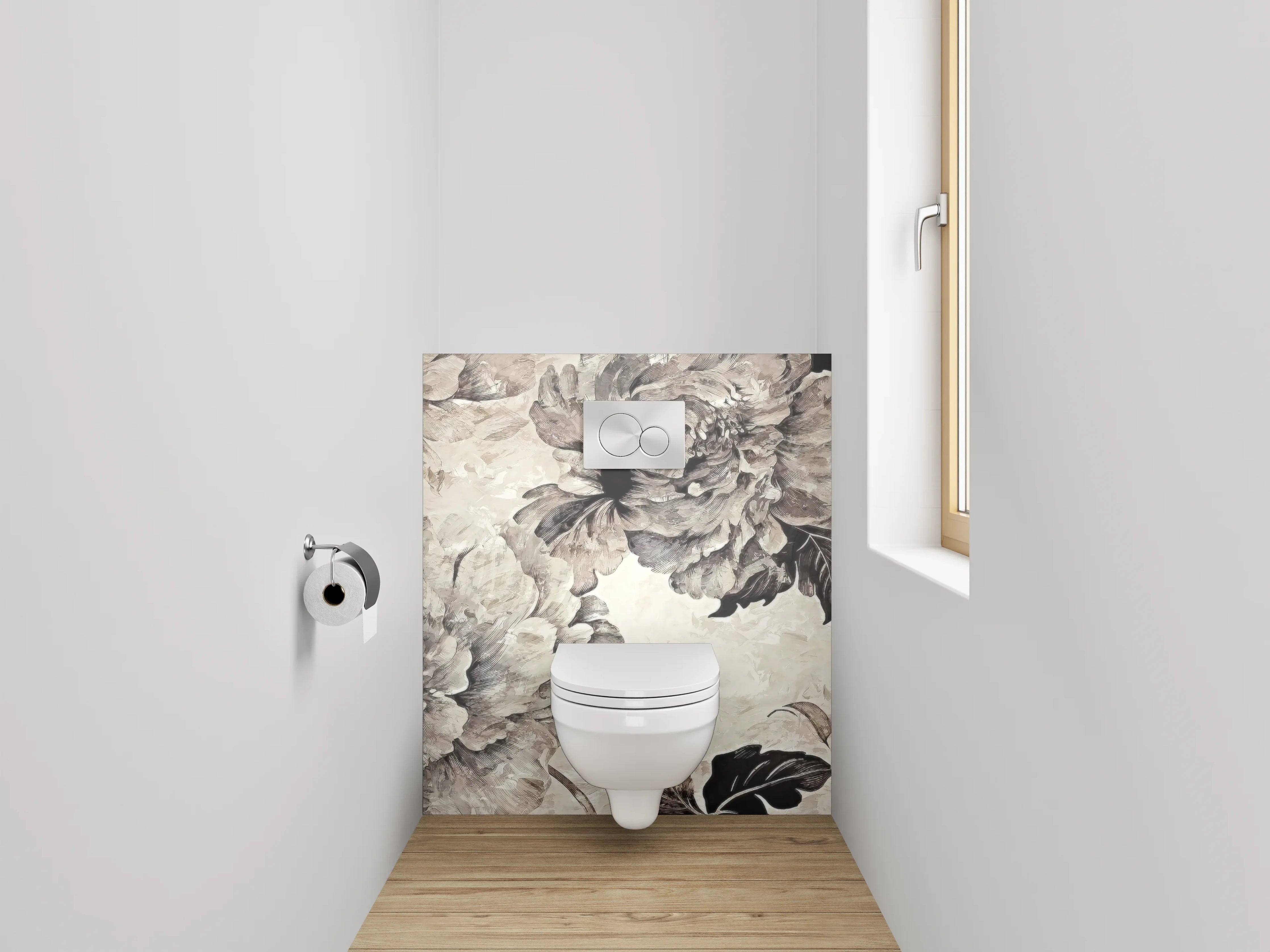 WC-Rückwand - Vintage Blumen Aquarell Schwarz-Weiß Look