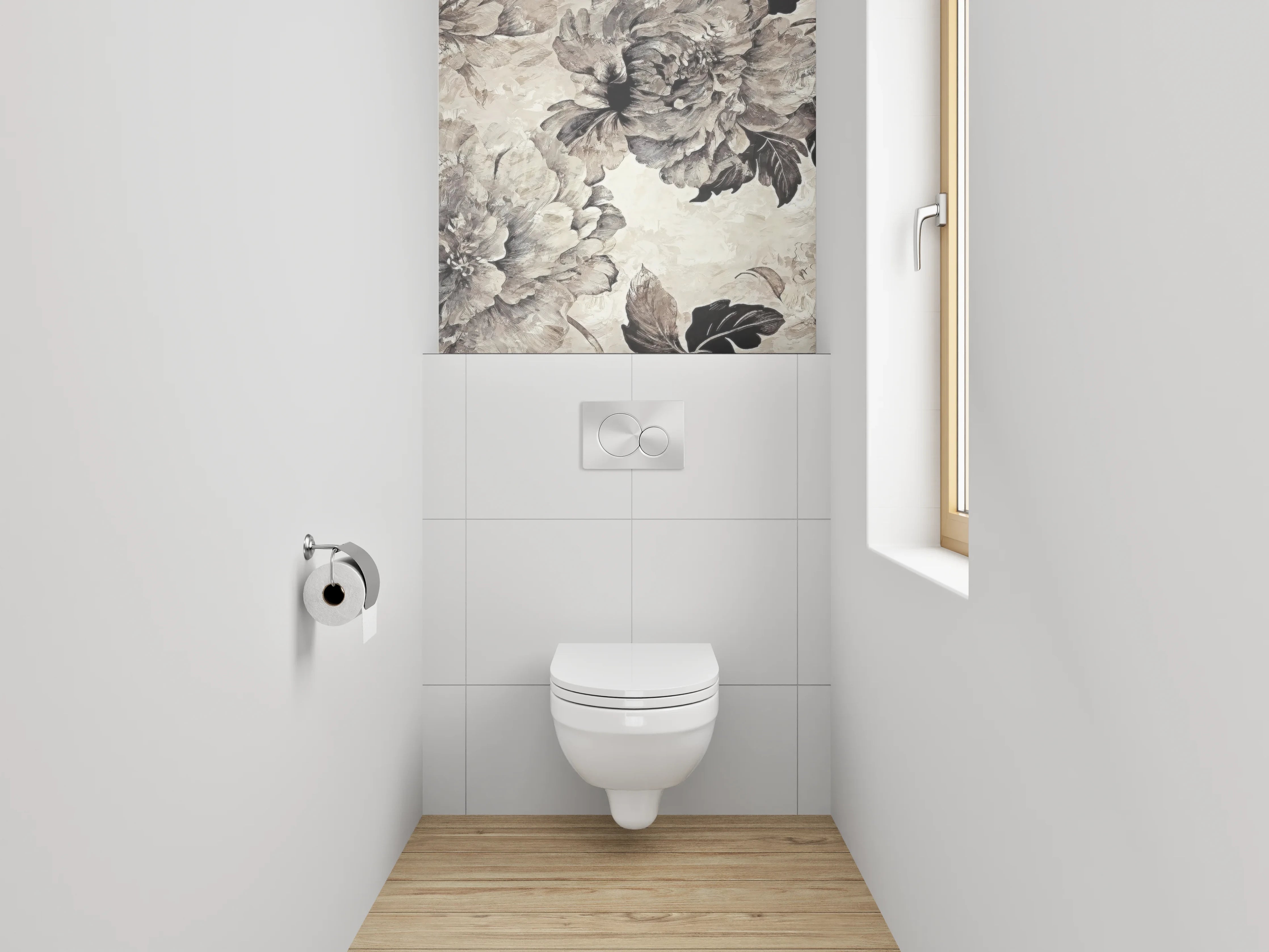 WC-Rückwand - Vintage Blumen Aquarell Schwarz-Weiß Look