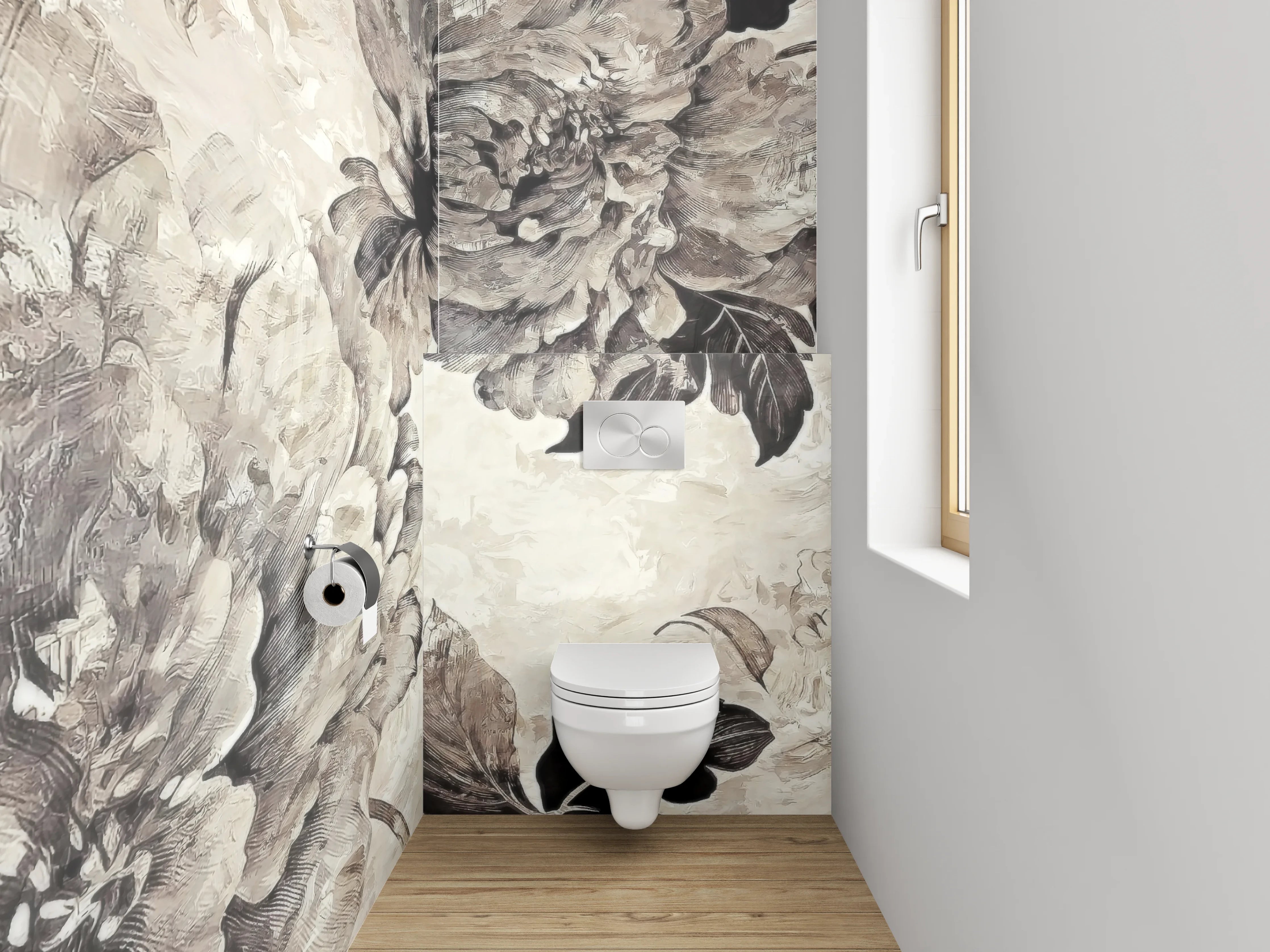 WC-Rückwand - Vintage Blumen Aquarell Schwarz-Weiß Look