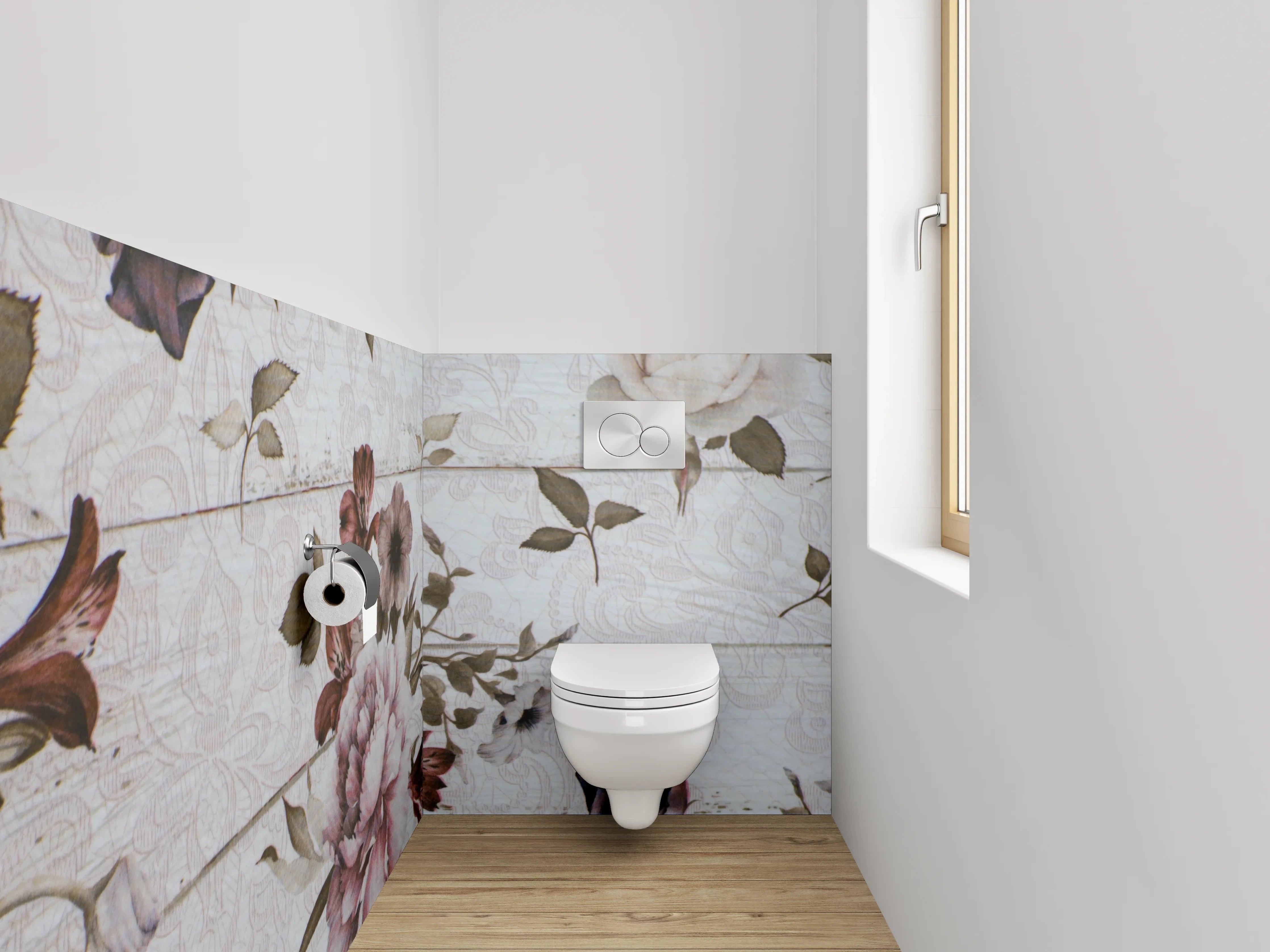 WC-Rückwand - Vintage Blumen auf Holz-Optik
