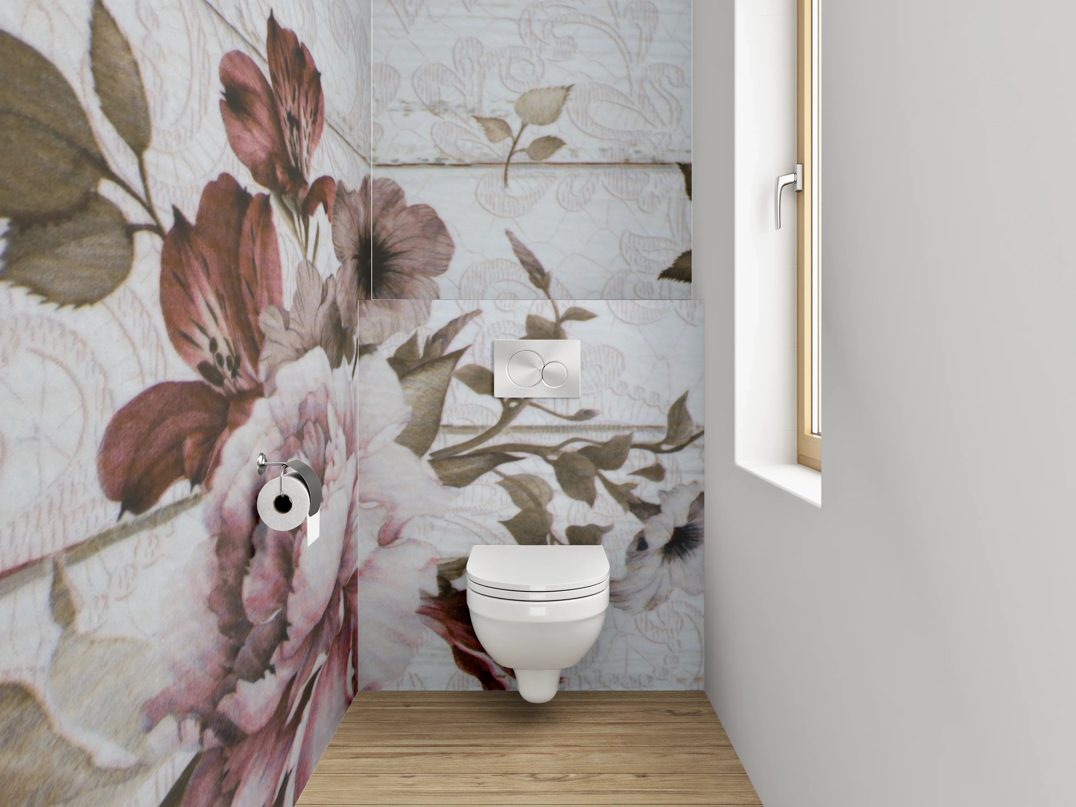 WC-Rückwand - Vintage Blumen auf Holz-Optik
