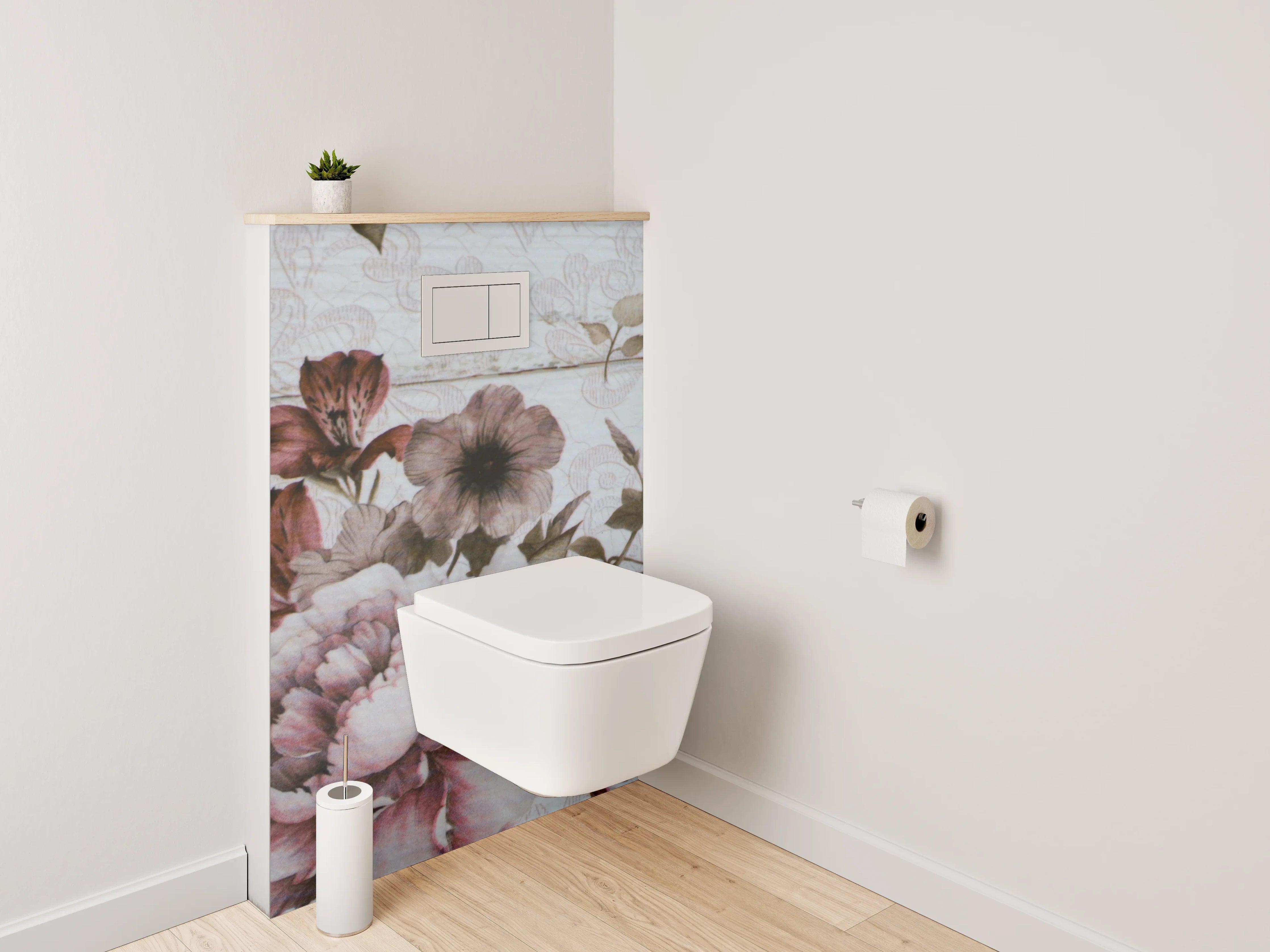 WC-Rückwand - Vintage Blumen auf Holz-Optik