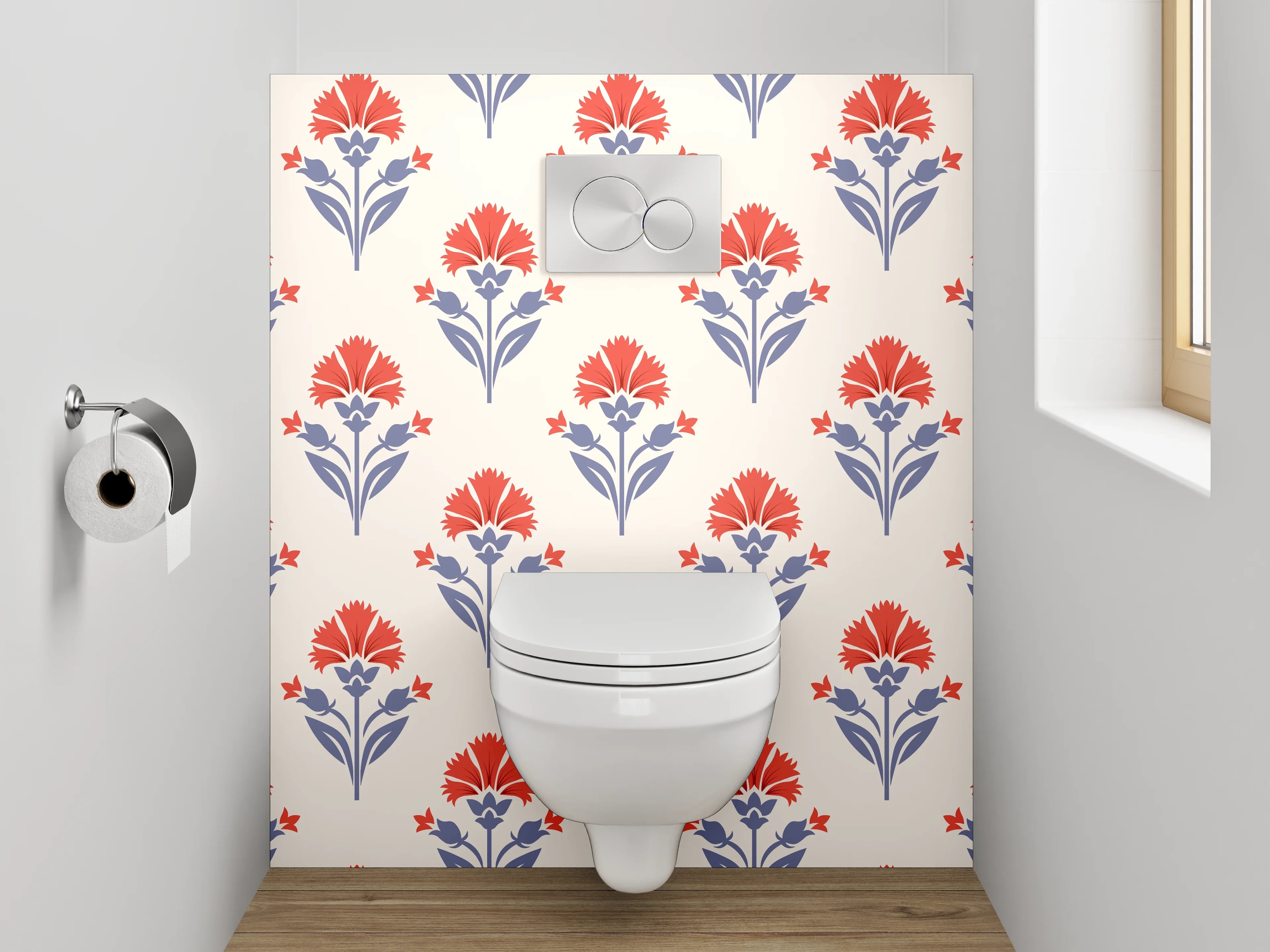 WC-Rückwand - Vintage Blumenmuster Rot Blau Beige