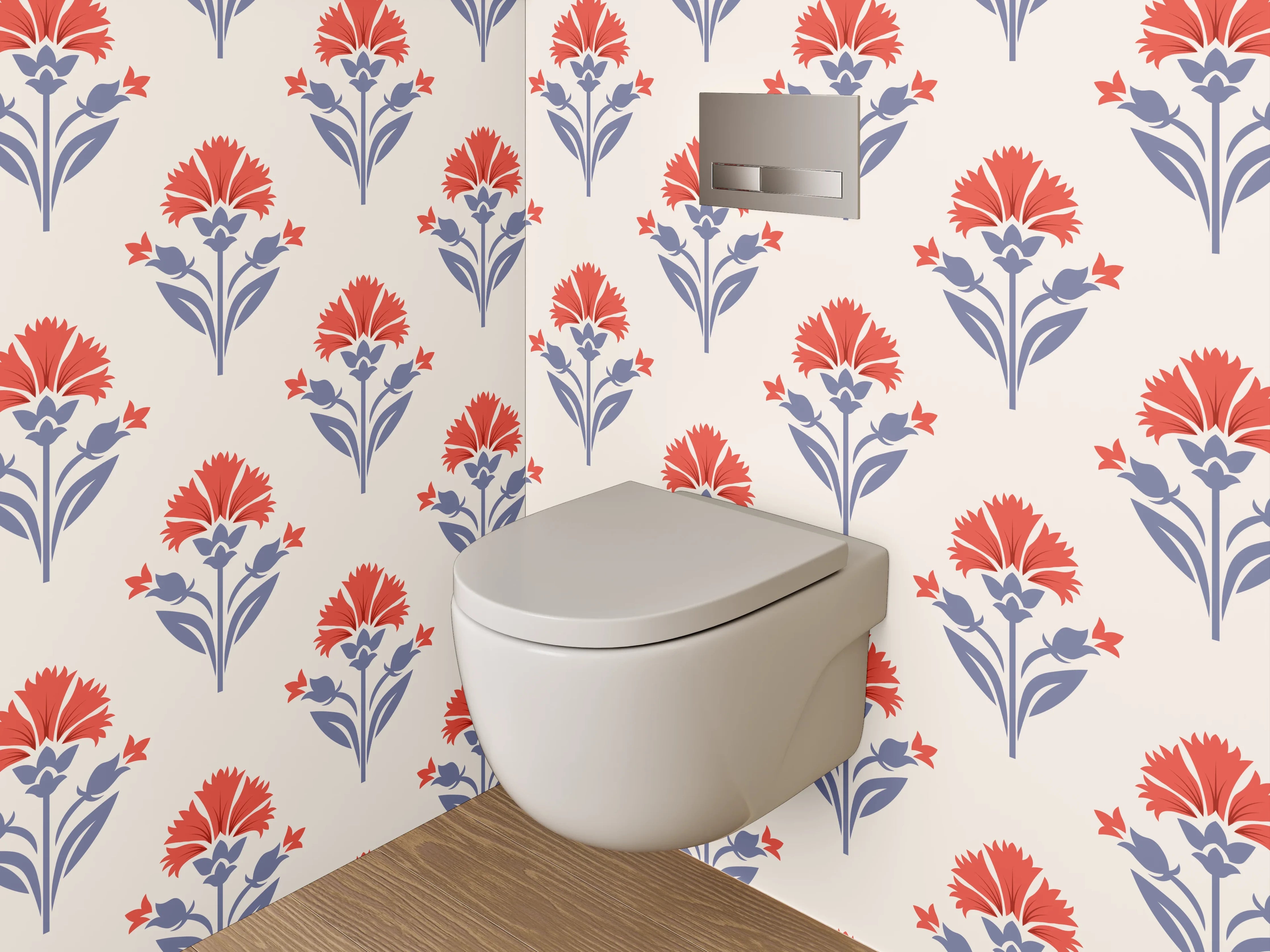 WC-Rückwand - Vintage Blumenmuster Rot Blau Beige