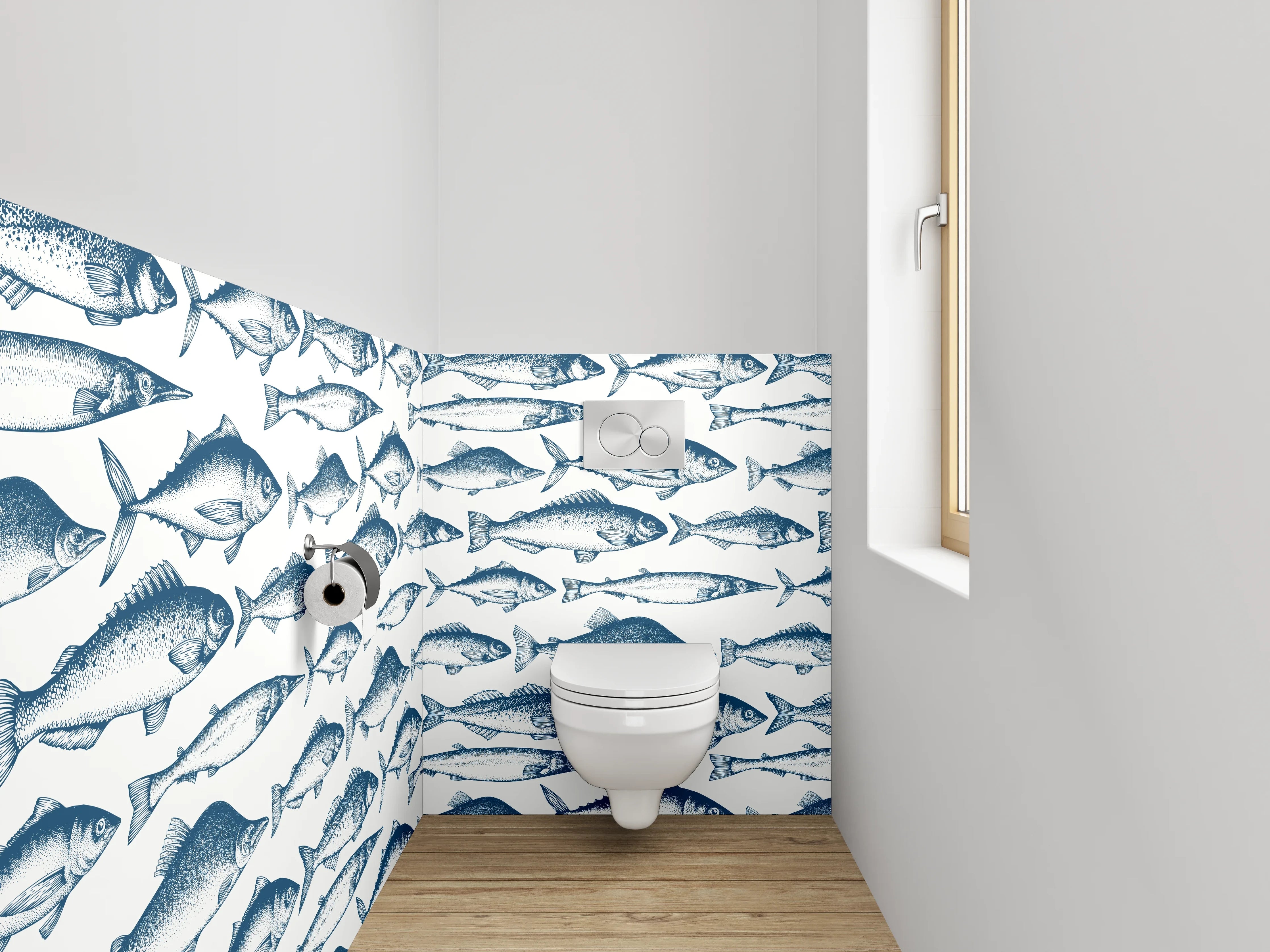 WC-Rückwand - Vintage Fischmuster Blau Weiß
