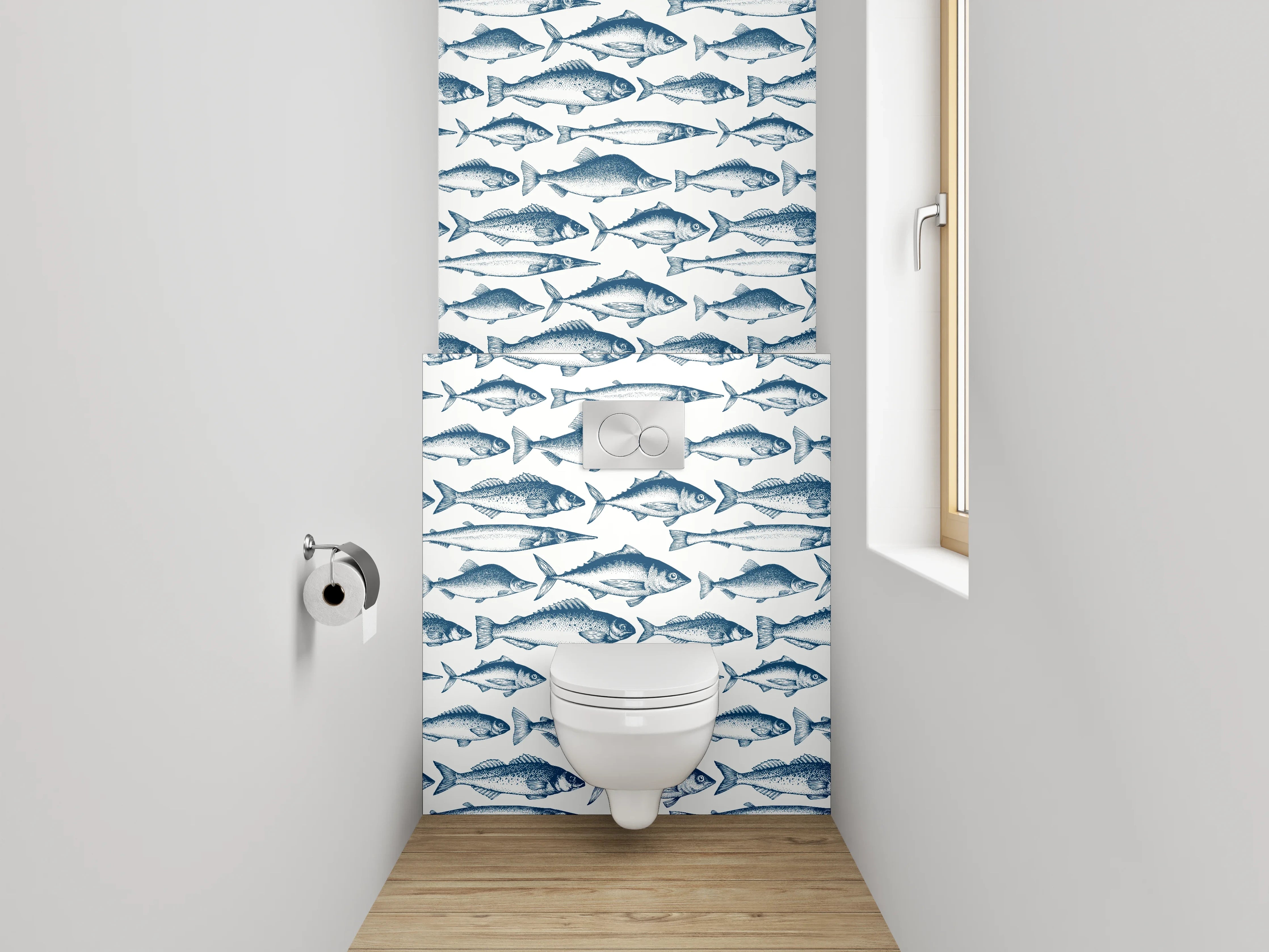 WC-Rückwand - Vintage Fischmuster Blau Weiß