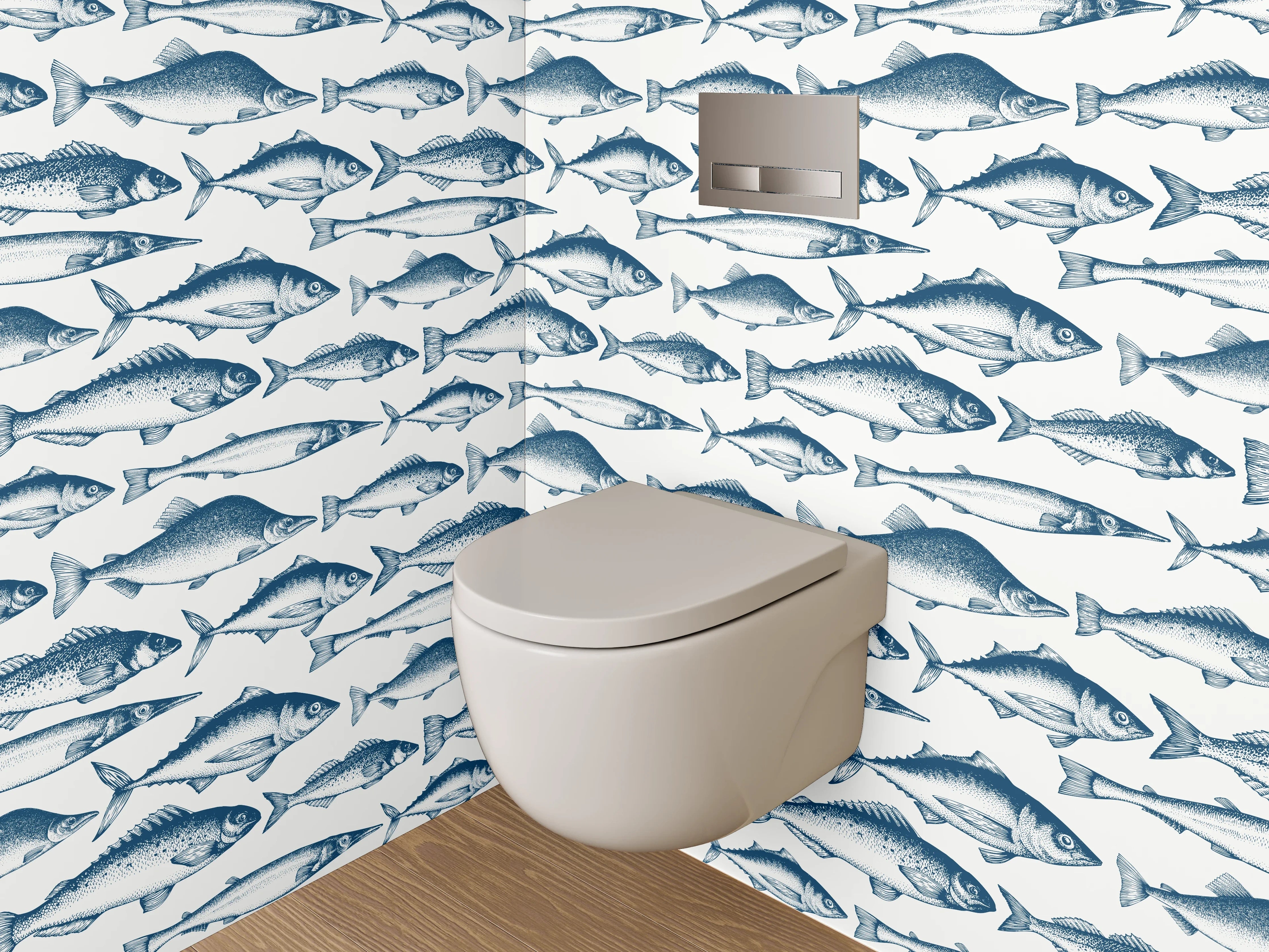 WC-Rückwand - Vintage Fischmuster Blau Weiß