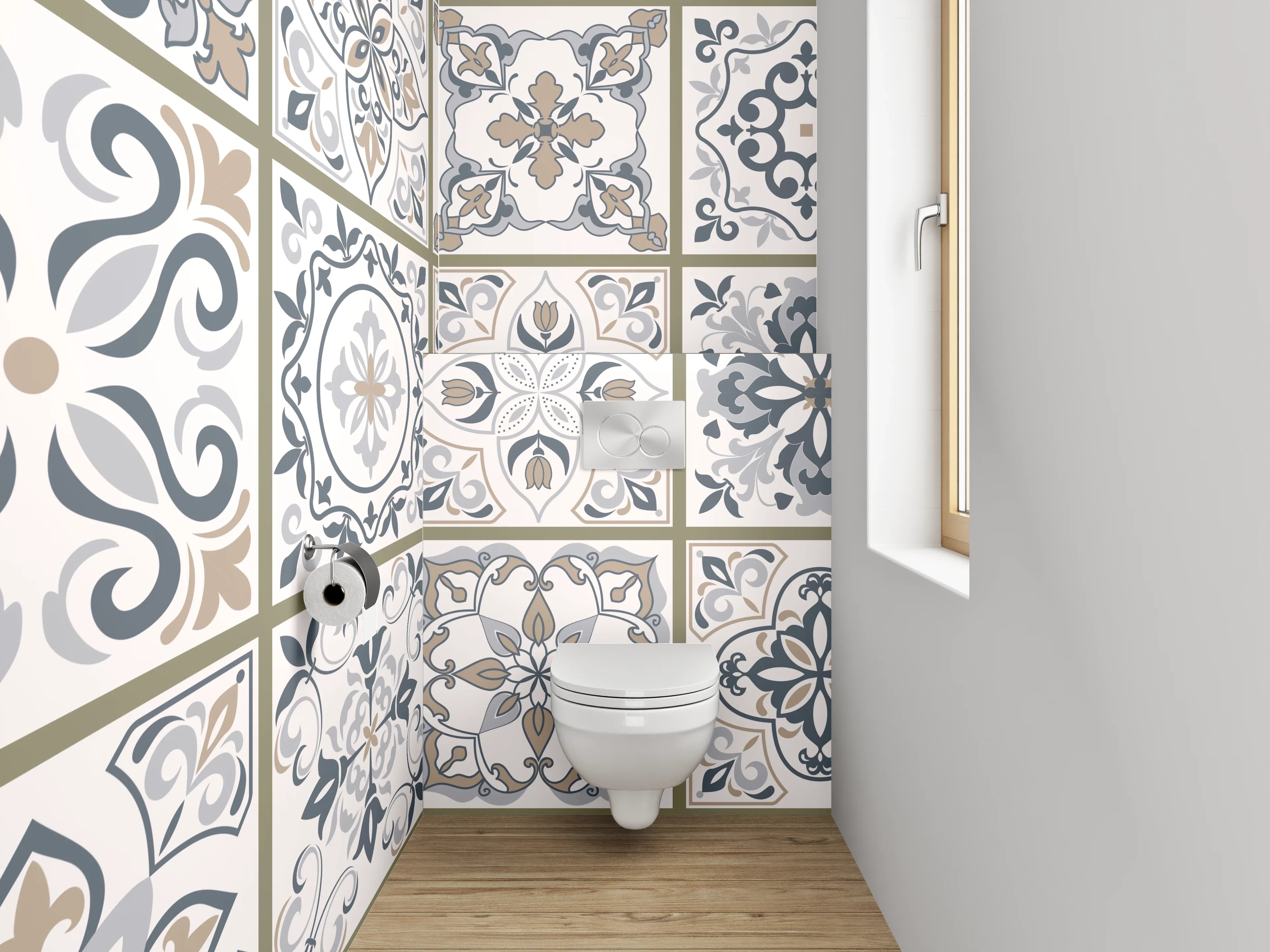 WC-Rückwand - Vintage Fliesen Blau Grauweiß Muster