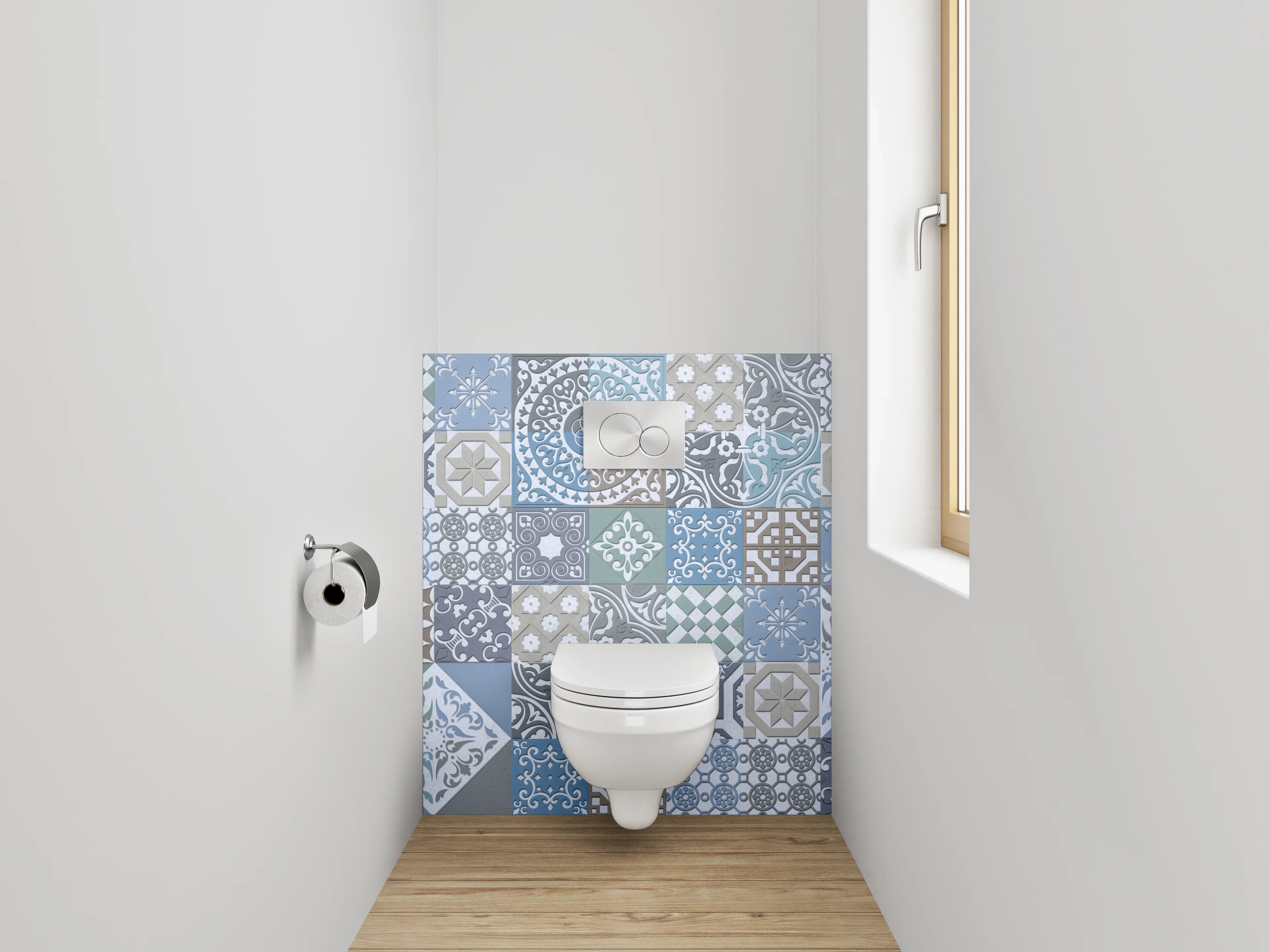 WC-Rückwand - Vintage Fliesen Patchwork Muster Blau