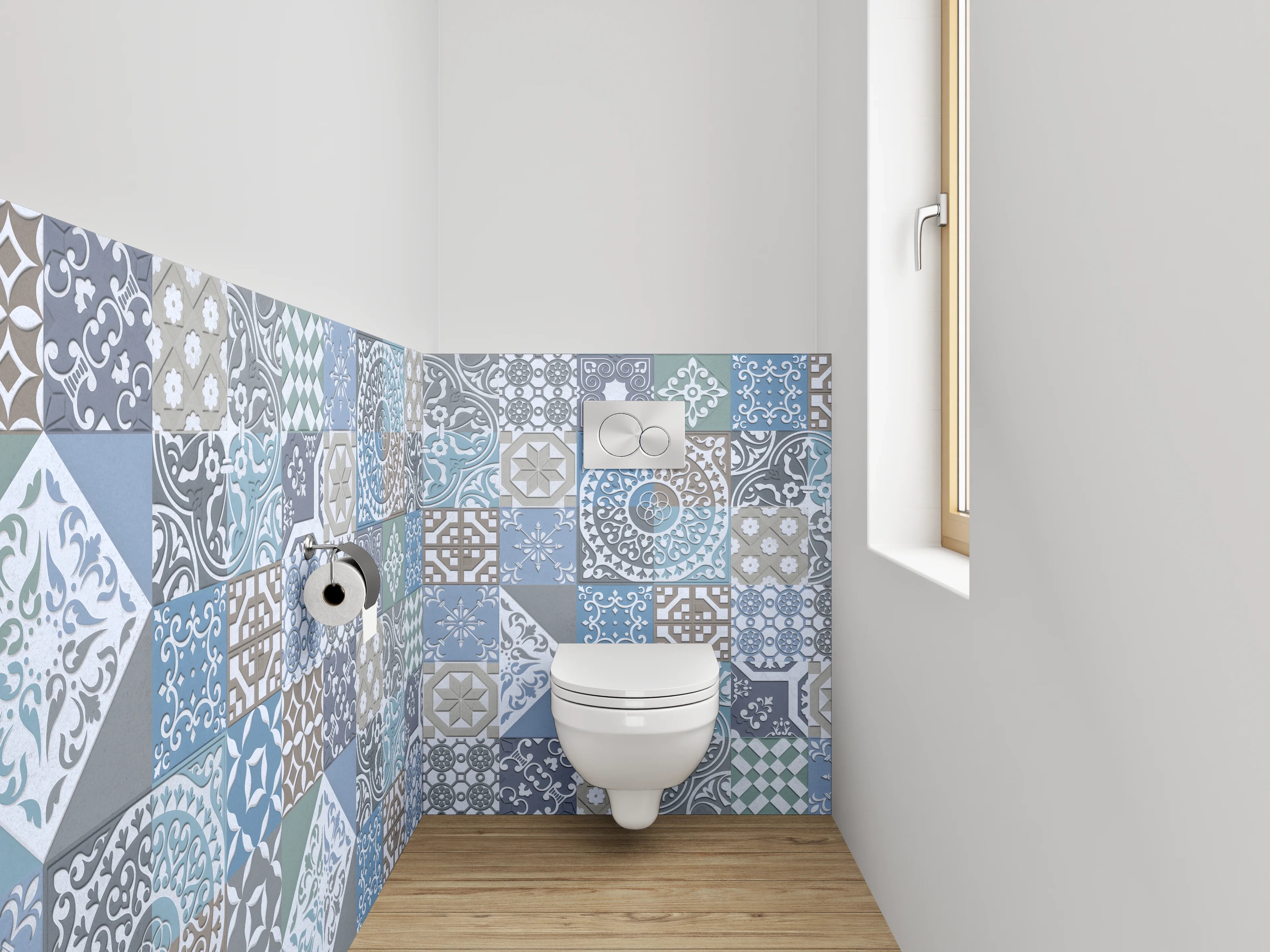 WC-Rückwand - Vintage Fliesen Patchwork Muster Blau
