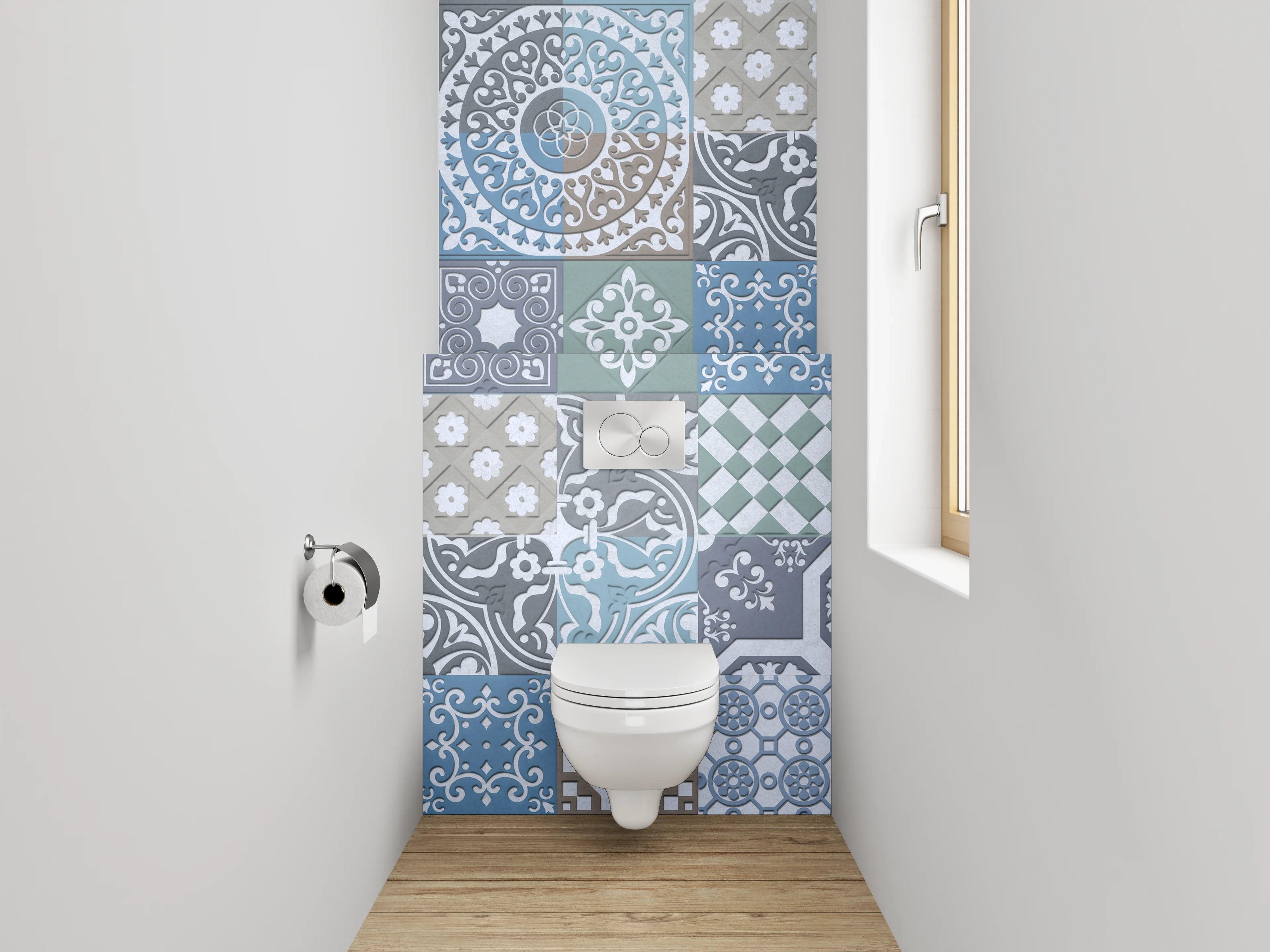WC-Rückwand - Vintage Fliesen Patchwork Muster Blau