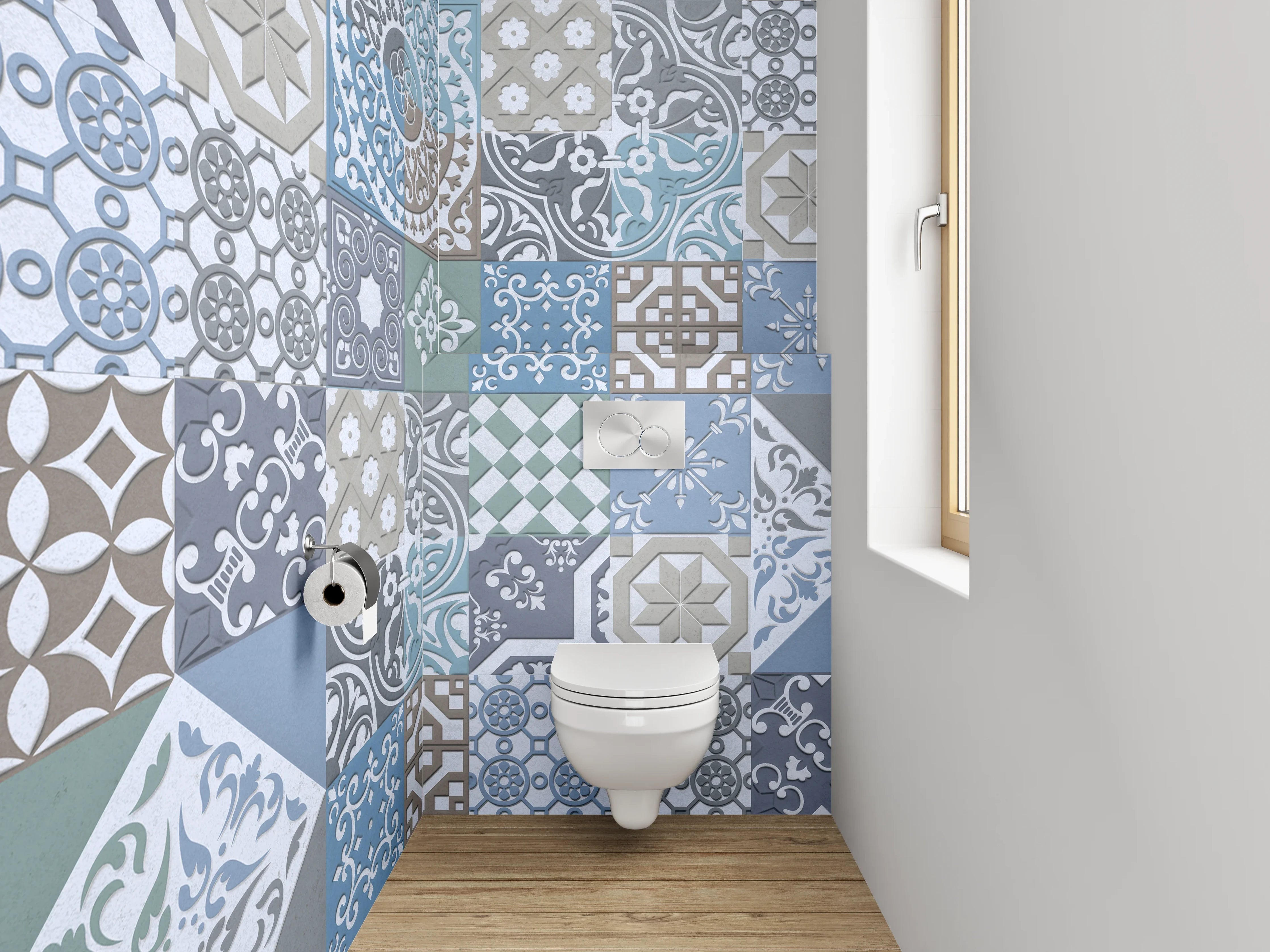 WC-Rückwand - Vintage Fliesen Patchwork Muster Blau