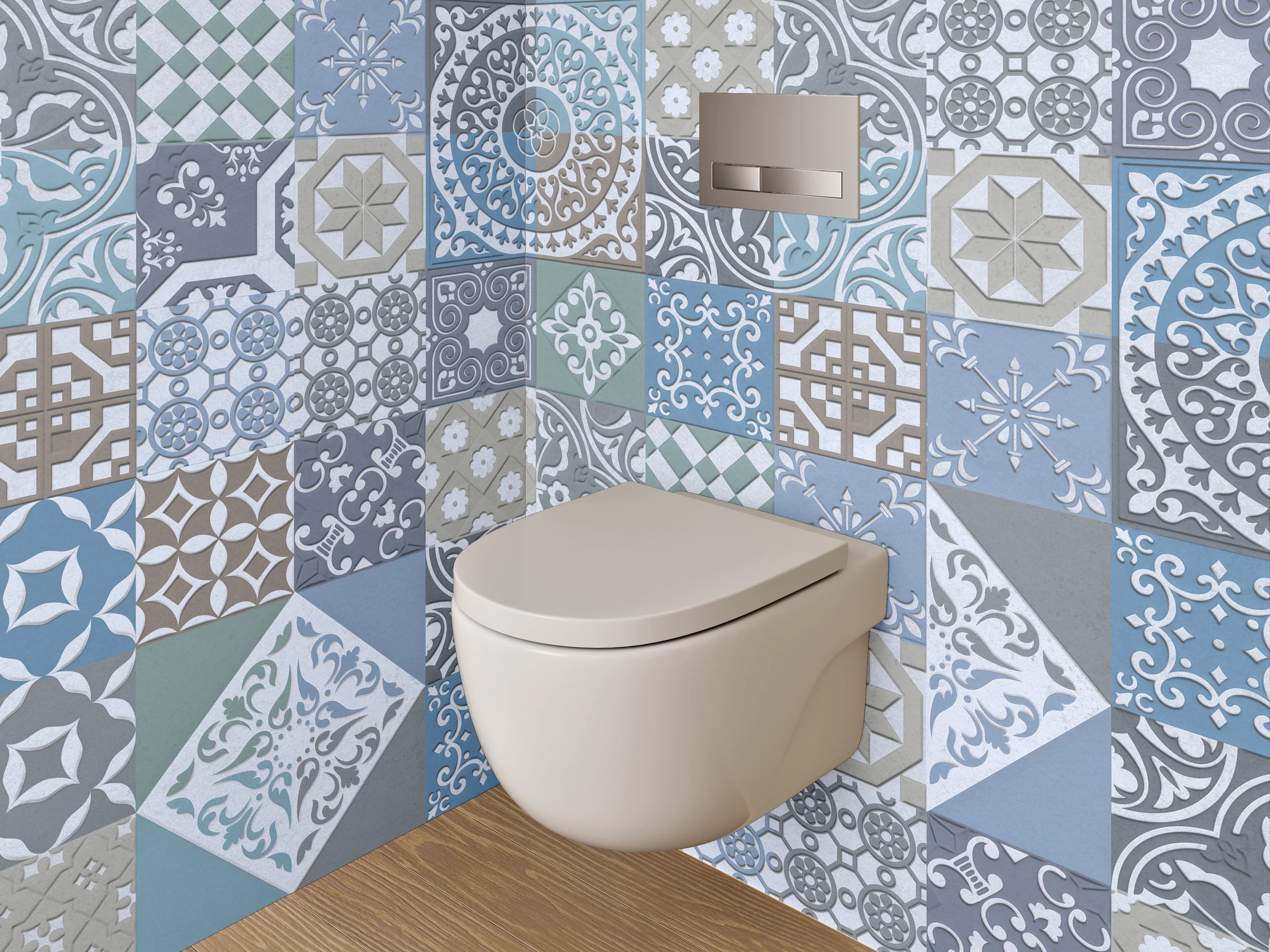 WC-Rückwand - Vintage Fliesen Patchwork Muster Blau