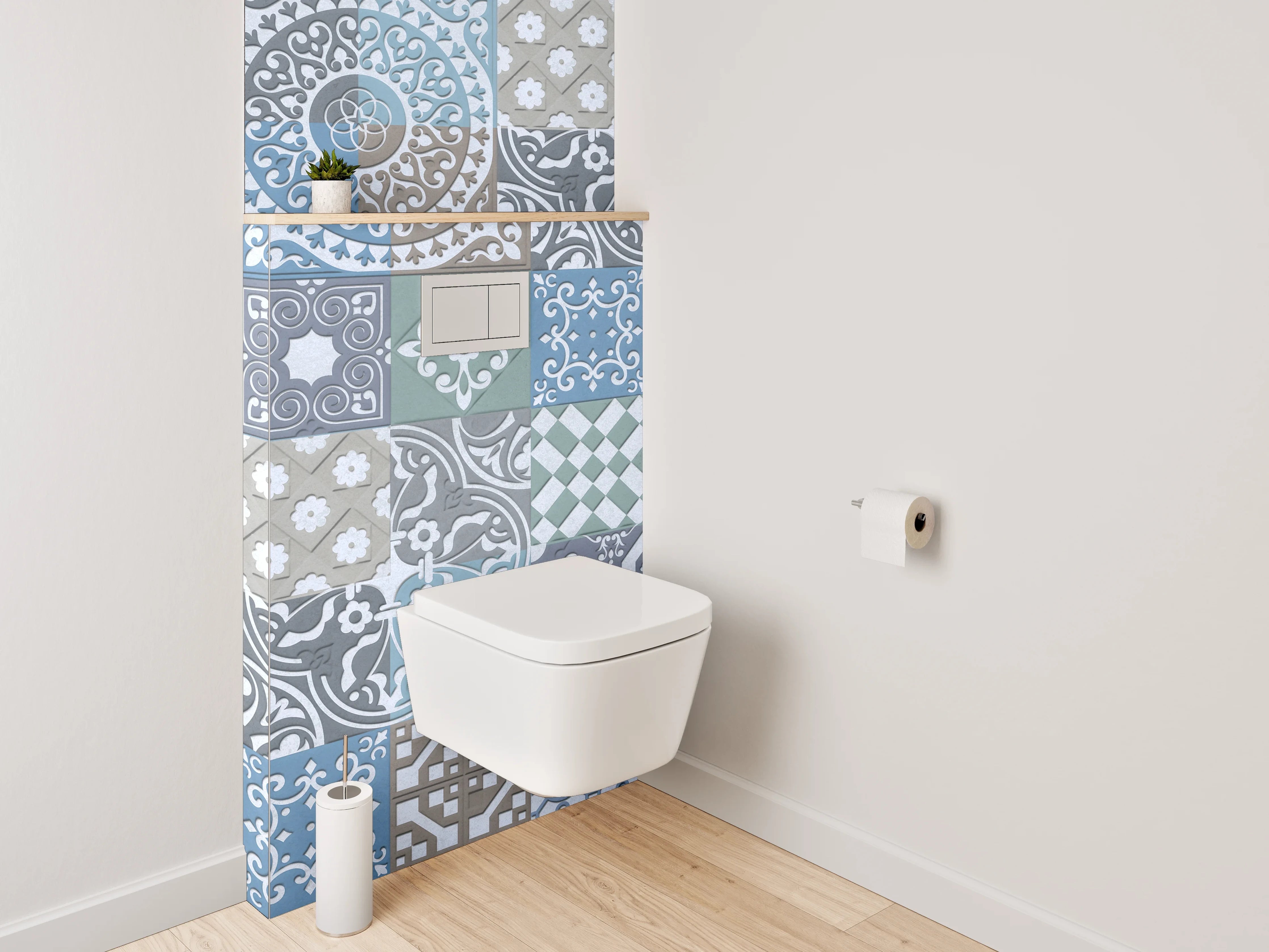 WC-Rückwand - Vintage Fliesen Patchwork Muster Blau