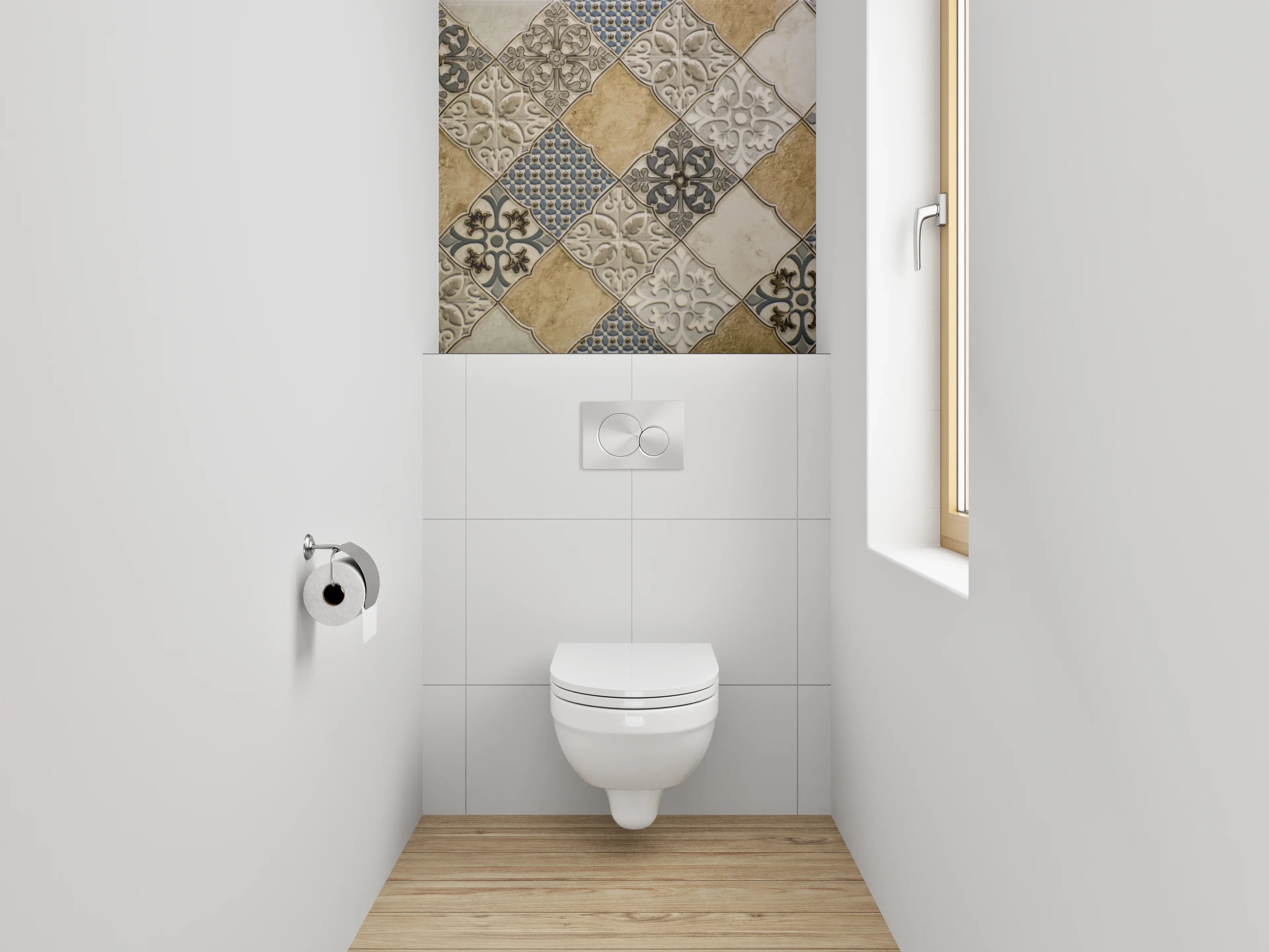 WC-Rückwand - Vintage Fliesenmuster Beige Blau Grau