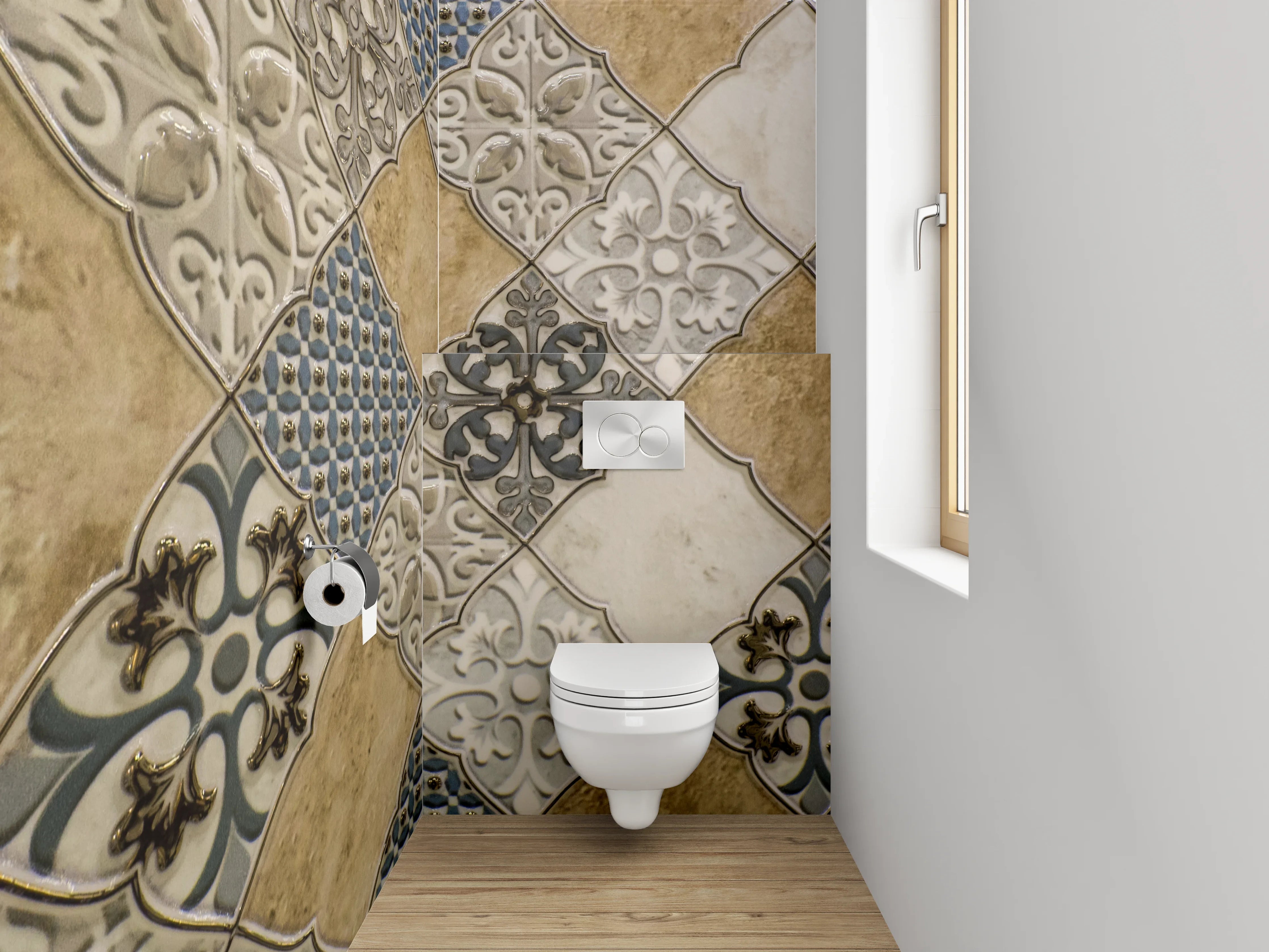 WC-Rückwand - Vintage Fliesenmuster Beige Blau Grau