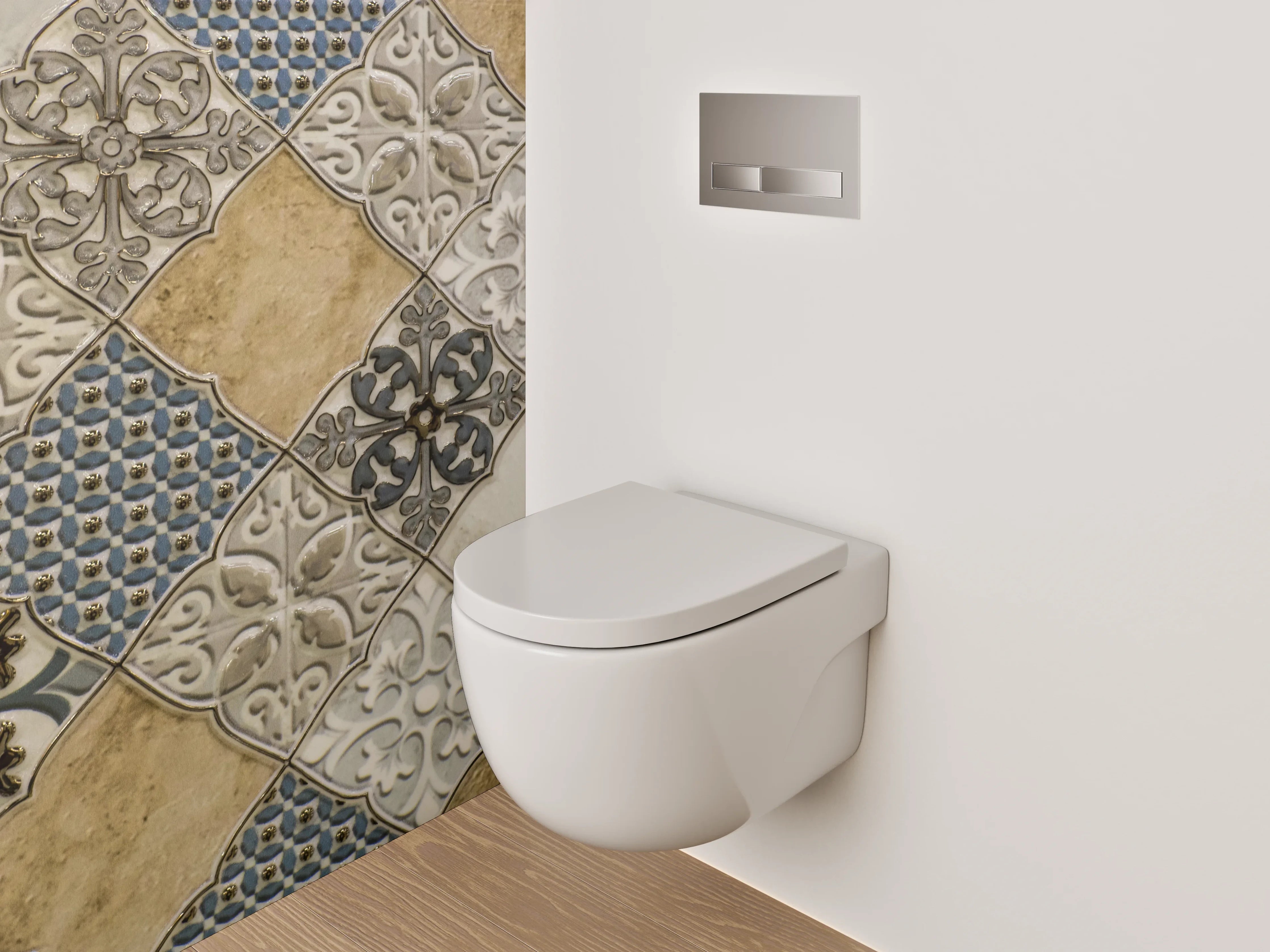 WC-Rückwand - Vintage Fliesenmuster Beige Blau Grau