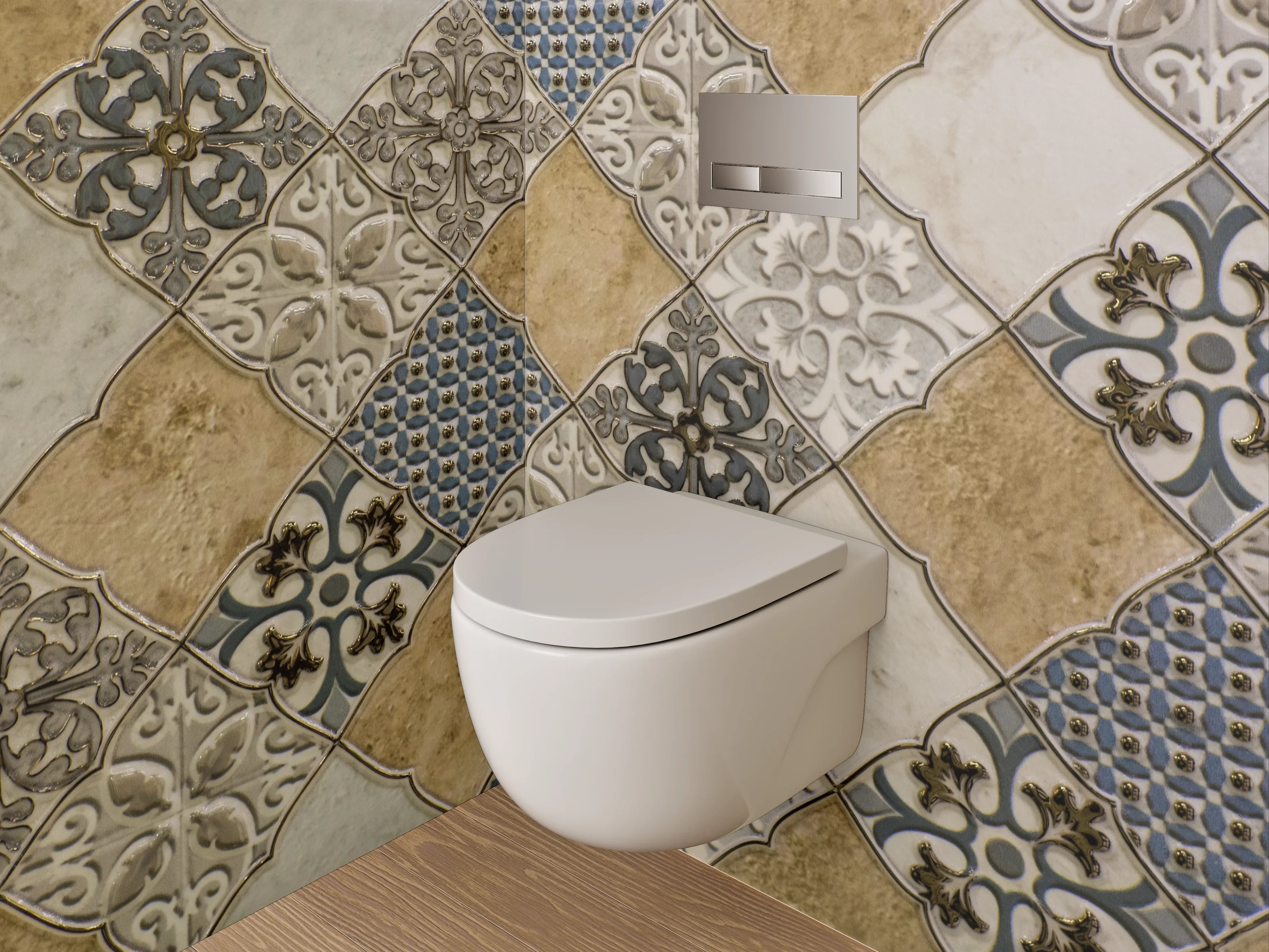 WC-Rückwand - Vintage Fliesenmuster Beige Blau Grau