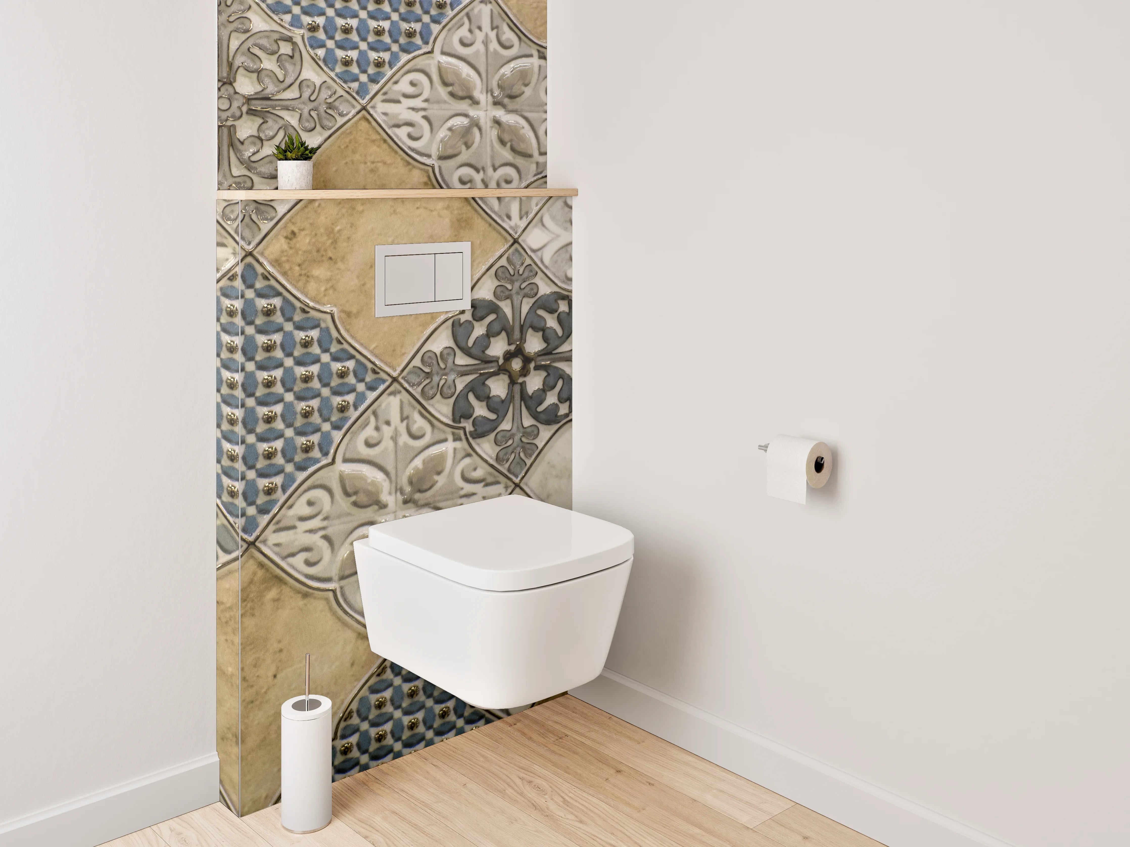 WC-Rückwand - Vintage Fliesenmuster Beige Blau Grau