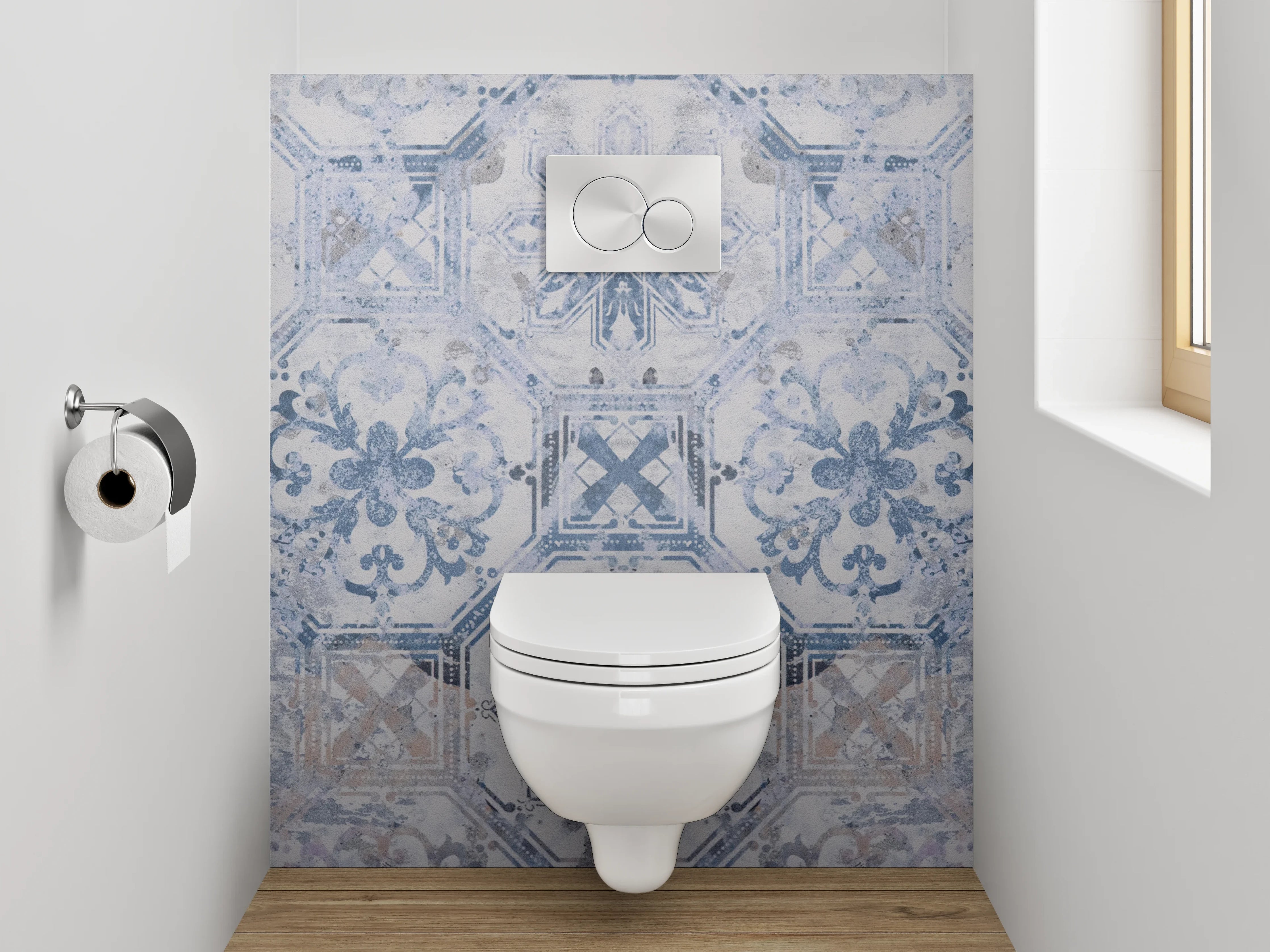 WC-Rückwand - Vintage Fliesenmuster Blau-Grau
