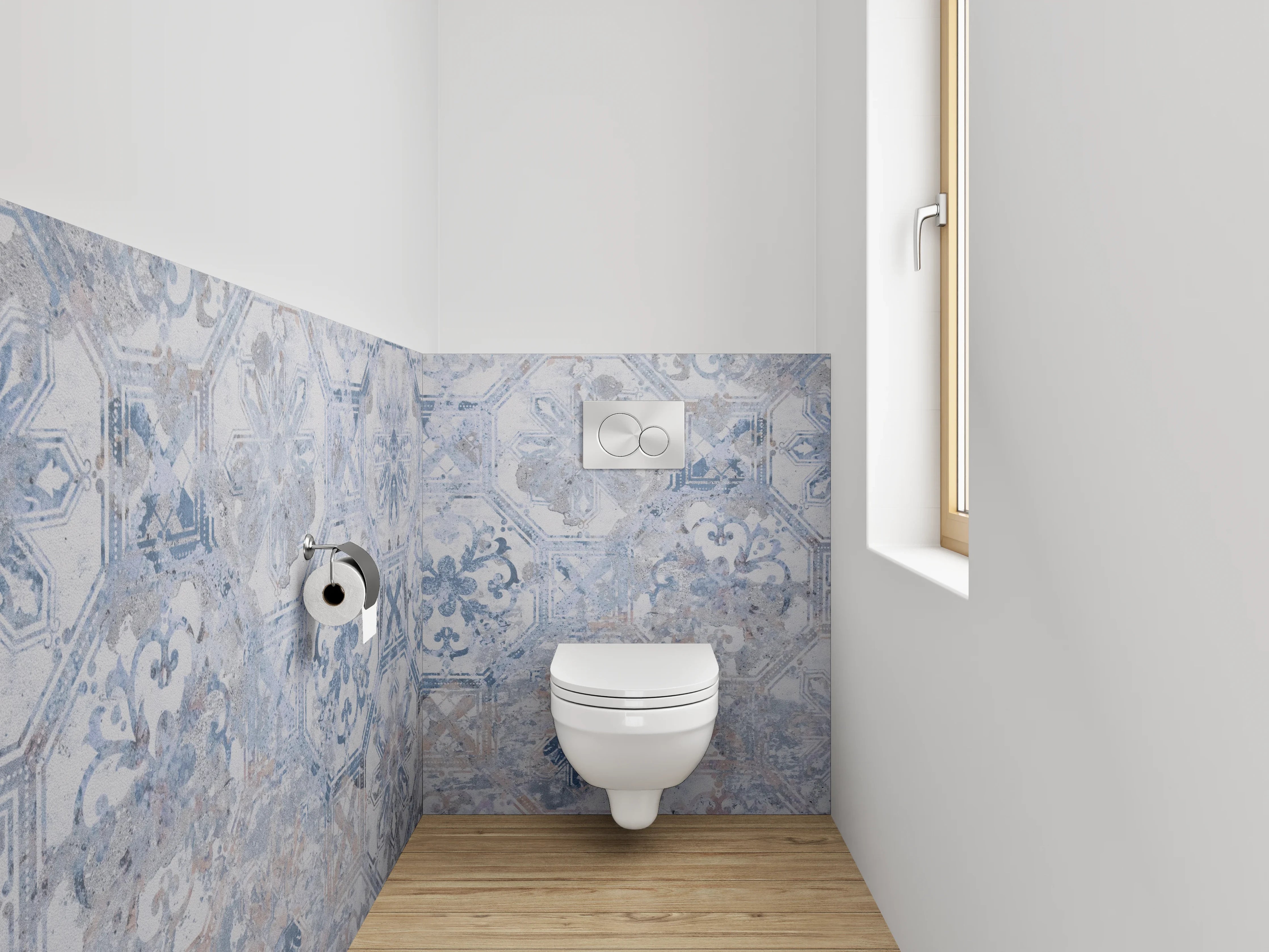 WC-Rückwand - Vintage Fliesenmuster Blau-Grau