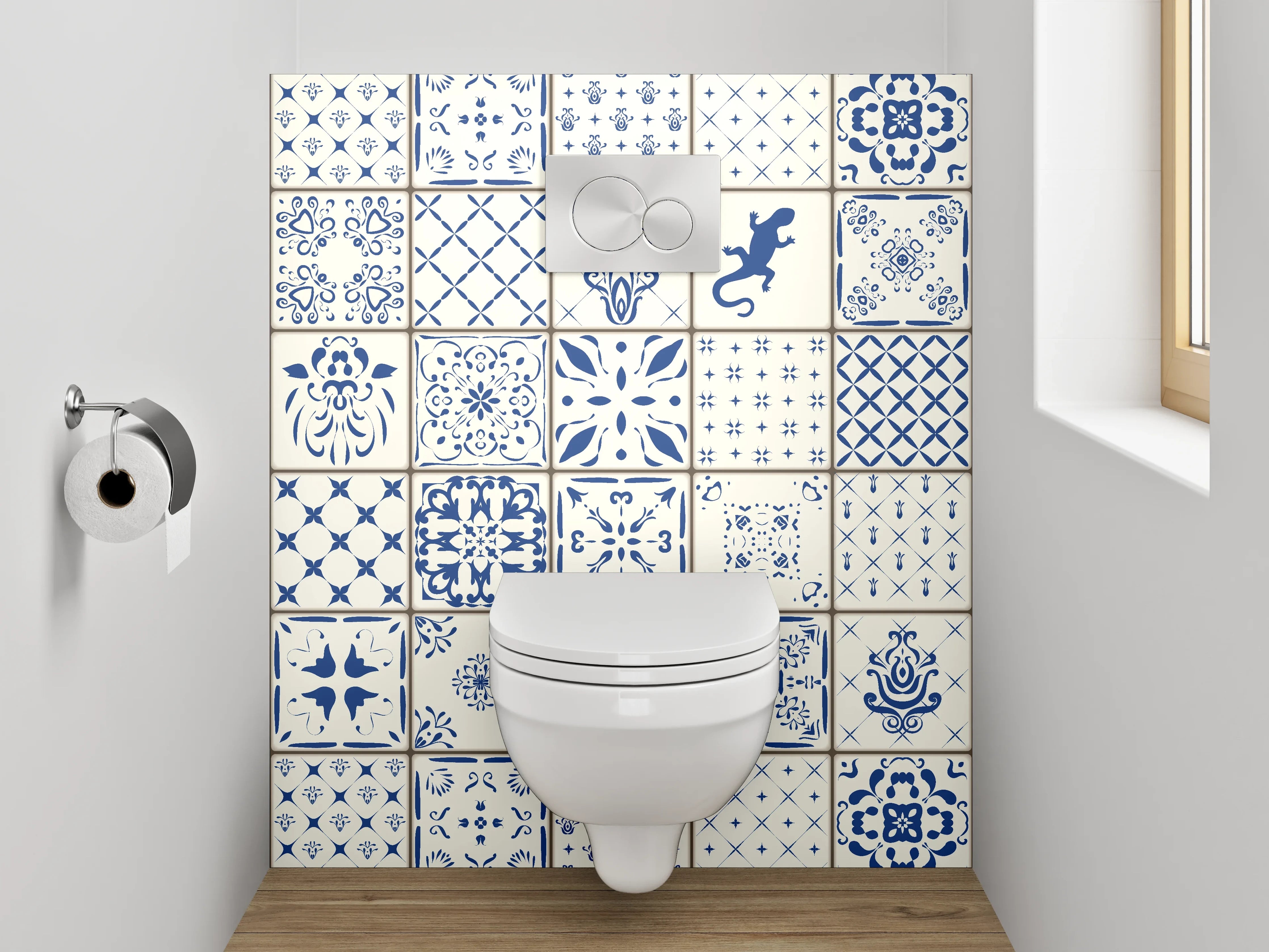 WC-Rückwand - Vintage Fliesenmuster Blau Weiß