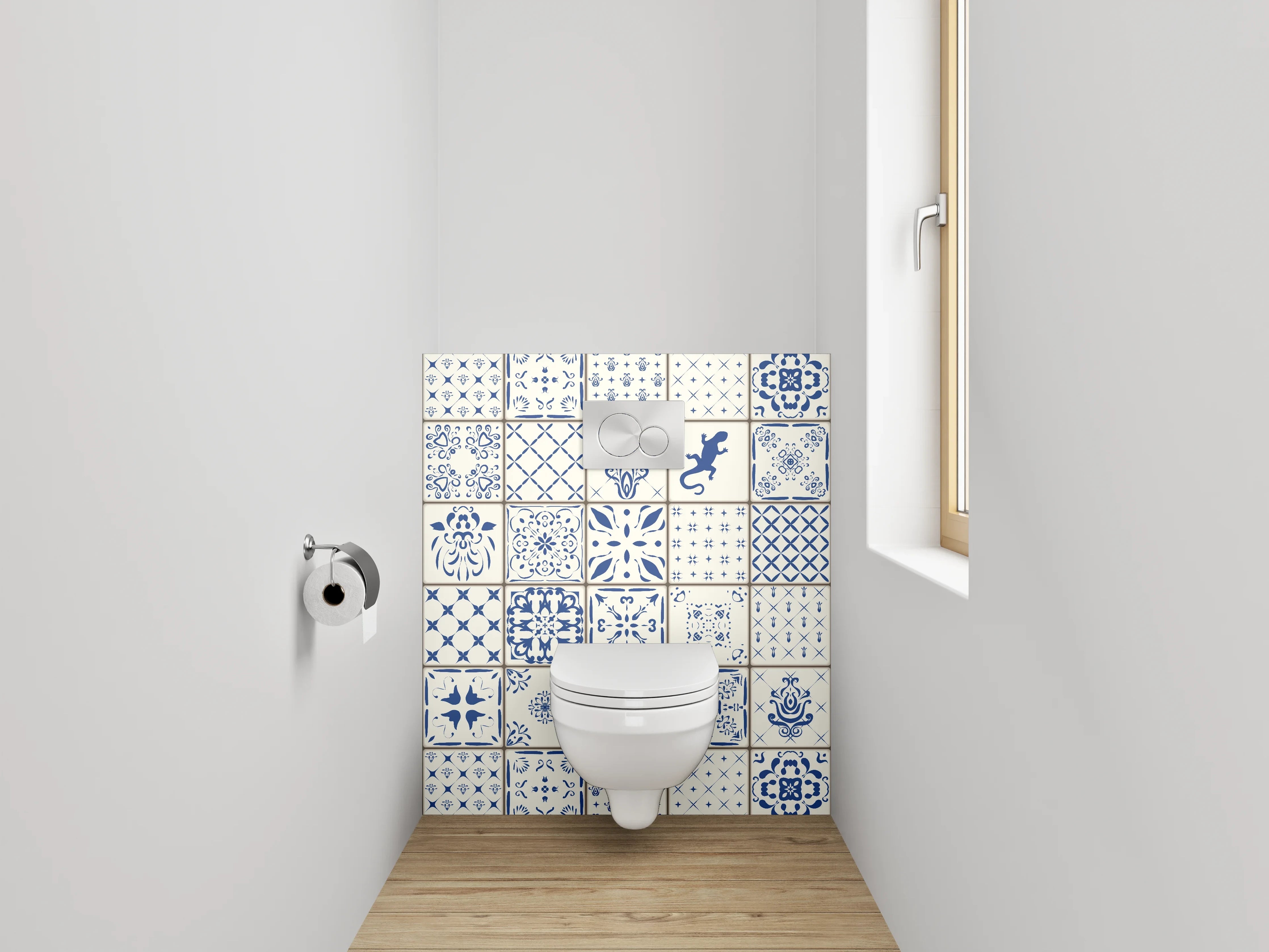 WC-Rückwand - Vintage Fliesenmuster Blau Weiß