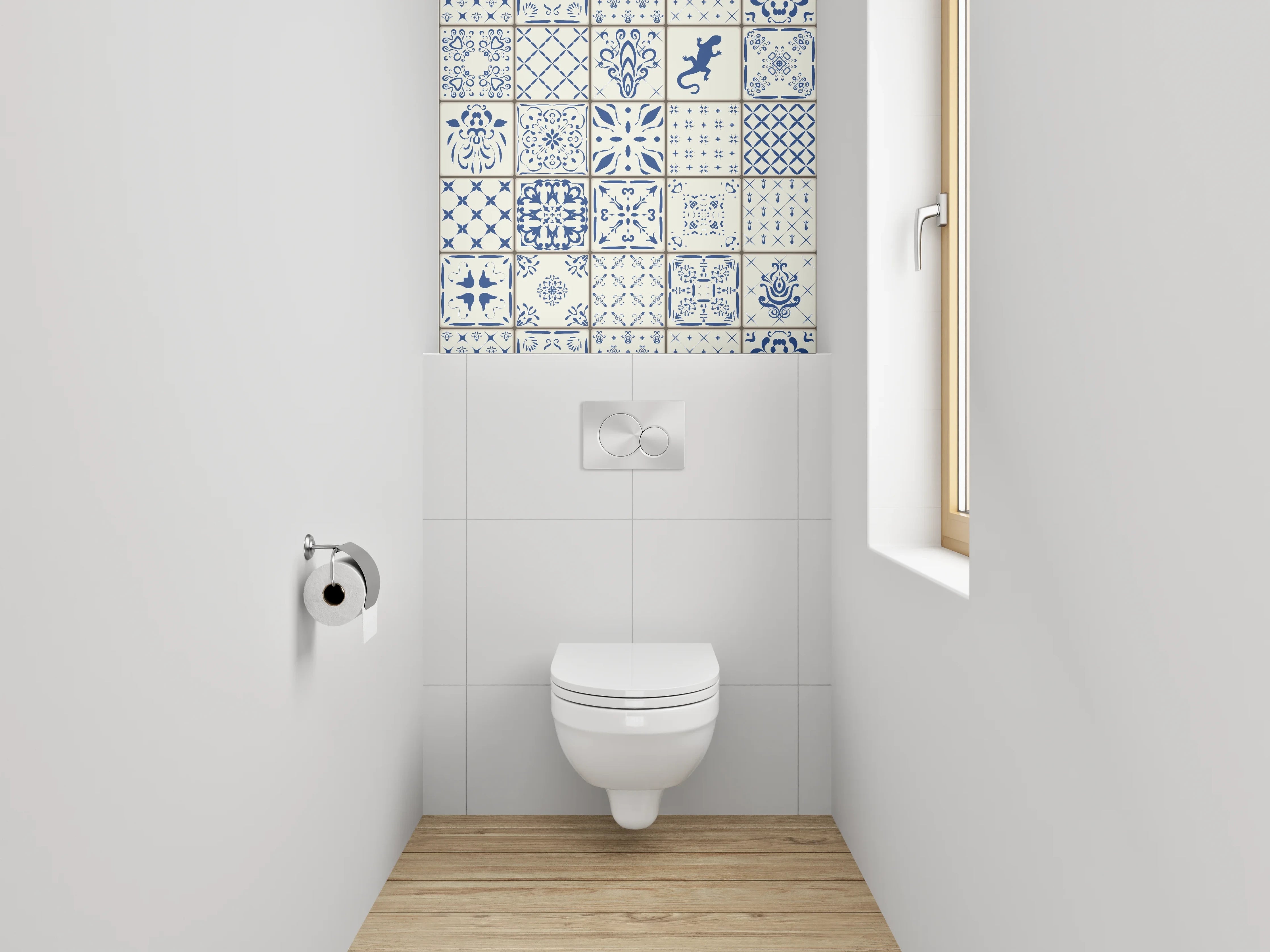 WC-Rückwand - Vintage Fliesenmuster Blau Weiß