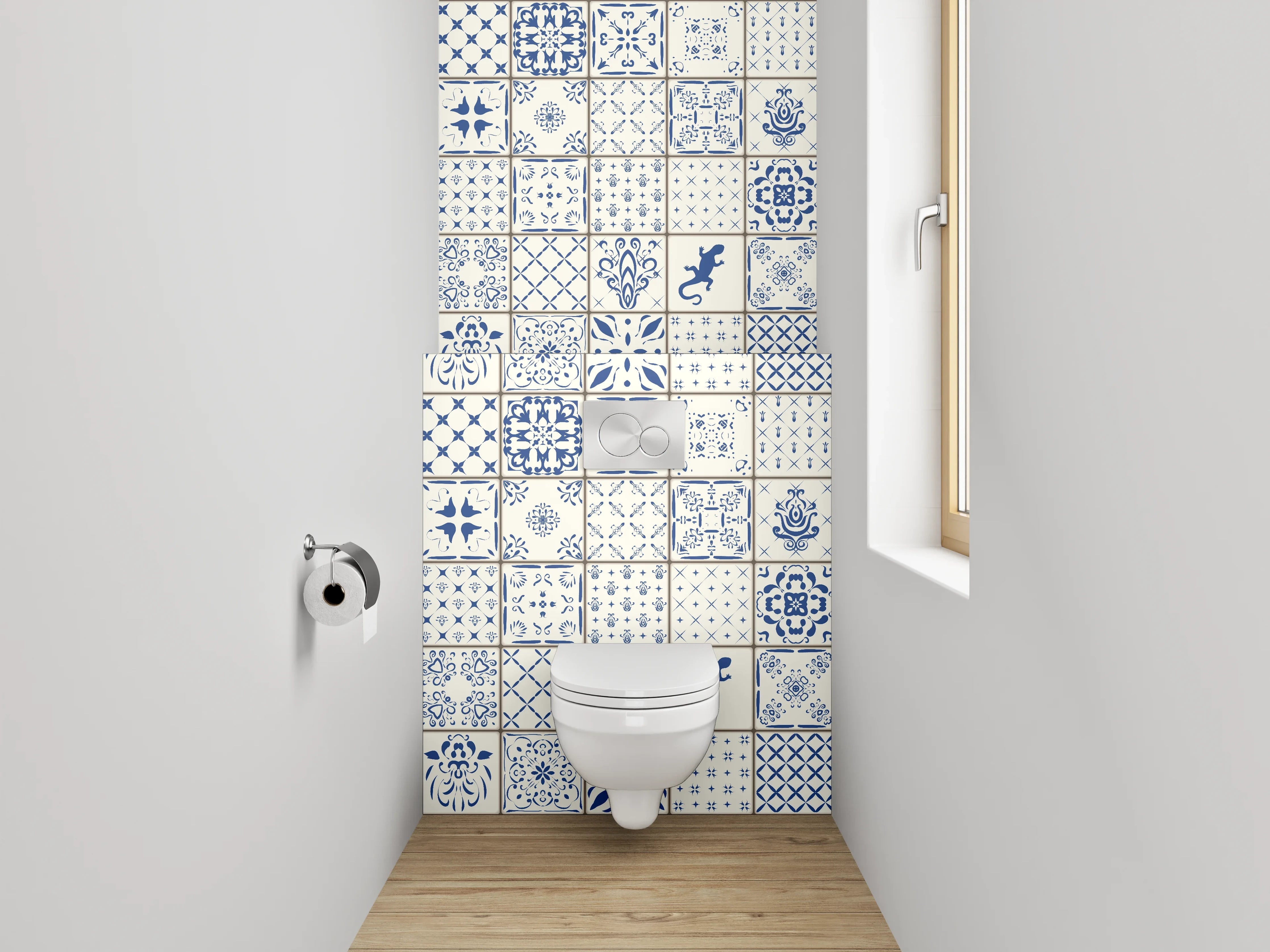 WC-Rückwand - Vintage Fliesenmuster Blau Weiß