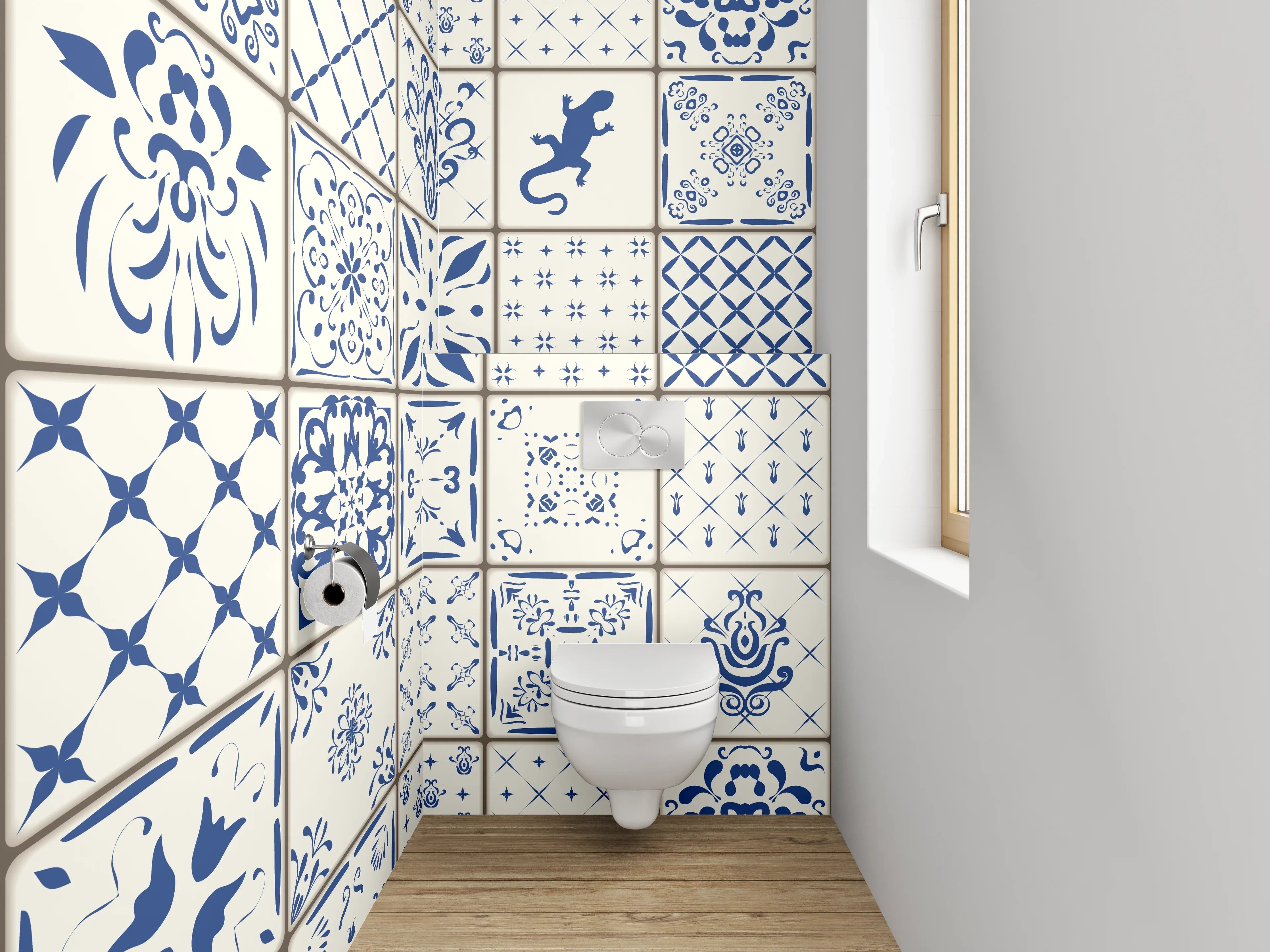 WC-Rückwand - Vintage Fliesenmuster Blau Weiß