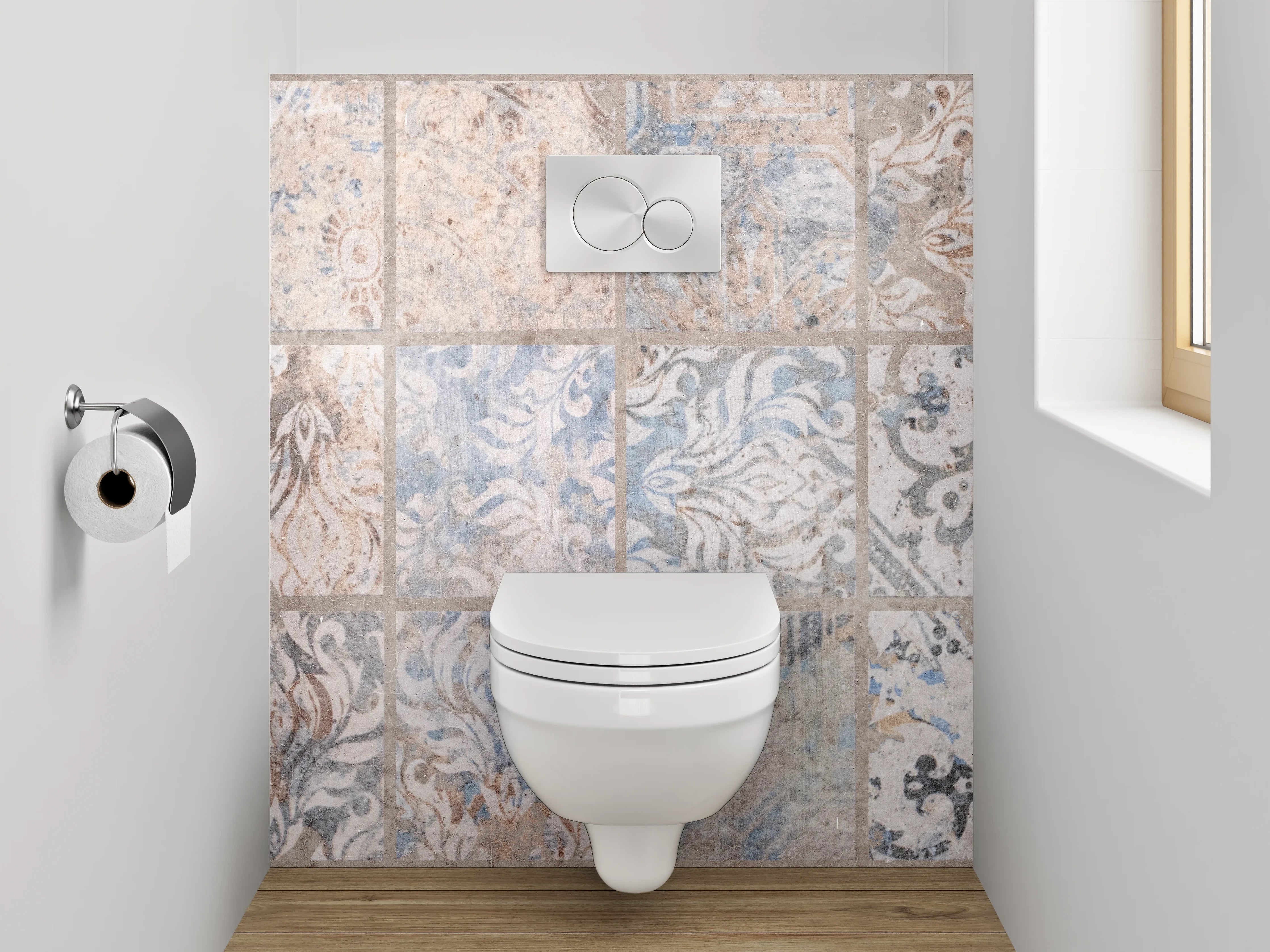 WC-Rückwand - Vintage Fliesenmuster Braun Blau