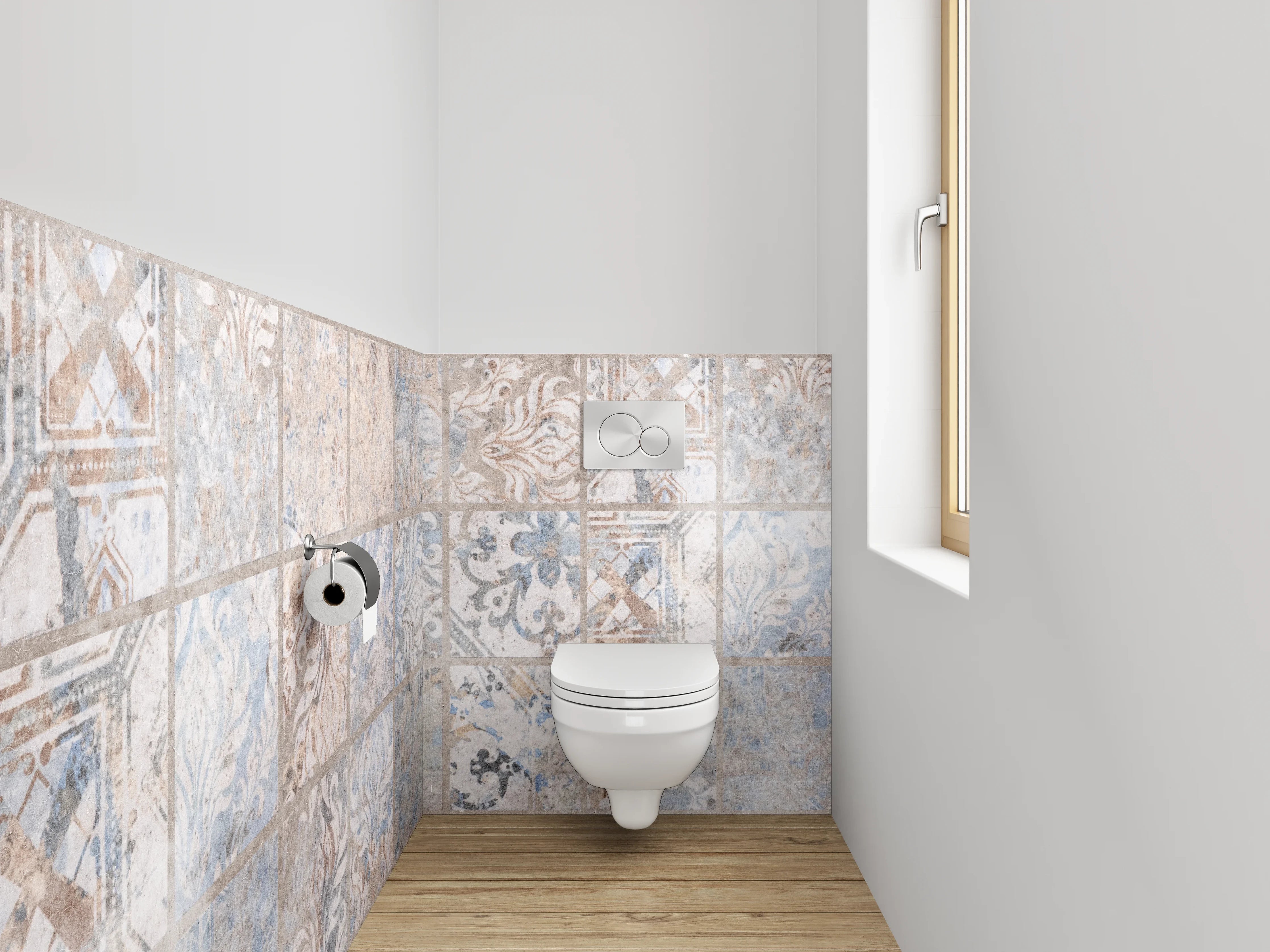 WC-Rückwand - Vintage Fliesenmuster Braun Blau
