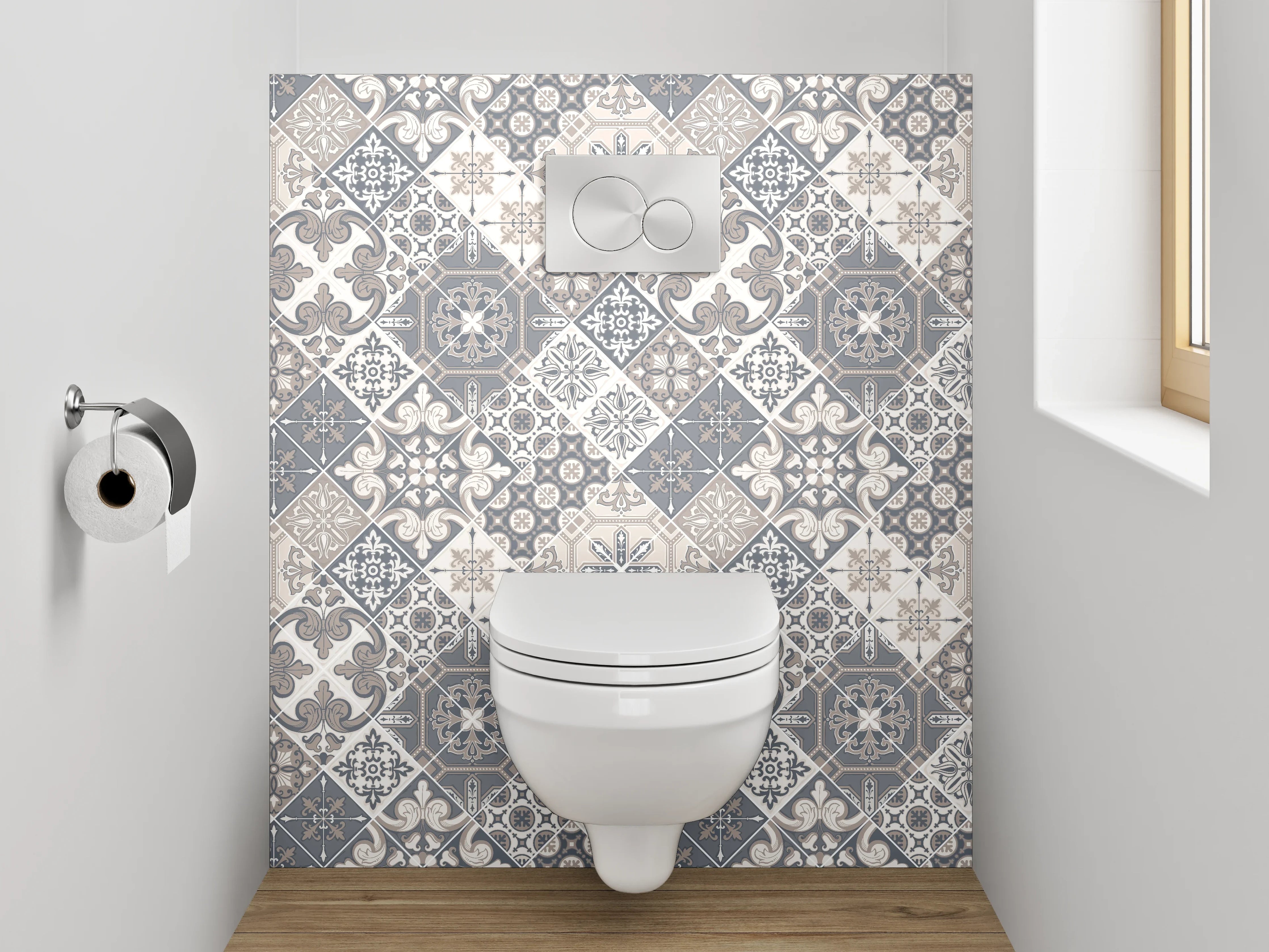 WC-Rückwand - Vintage Fliesenmuster Grau Beige Weiß