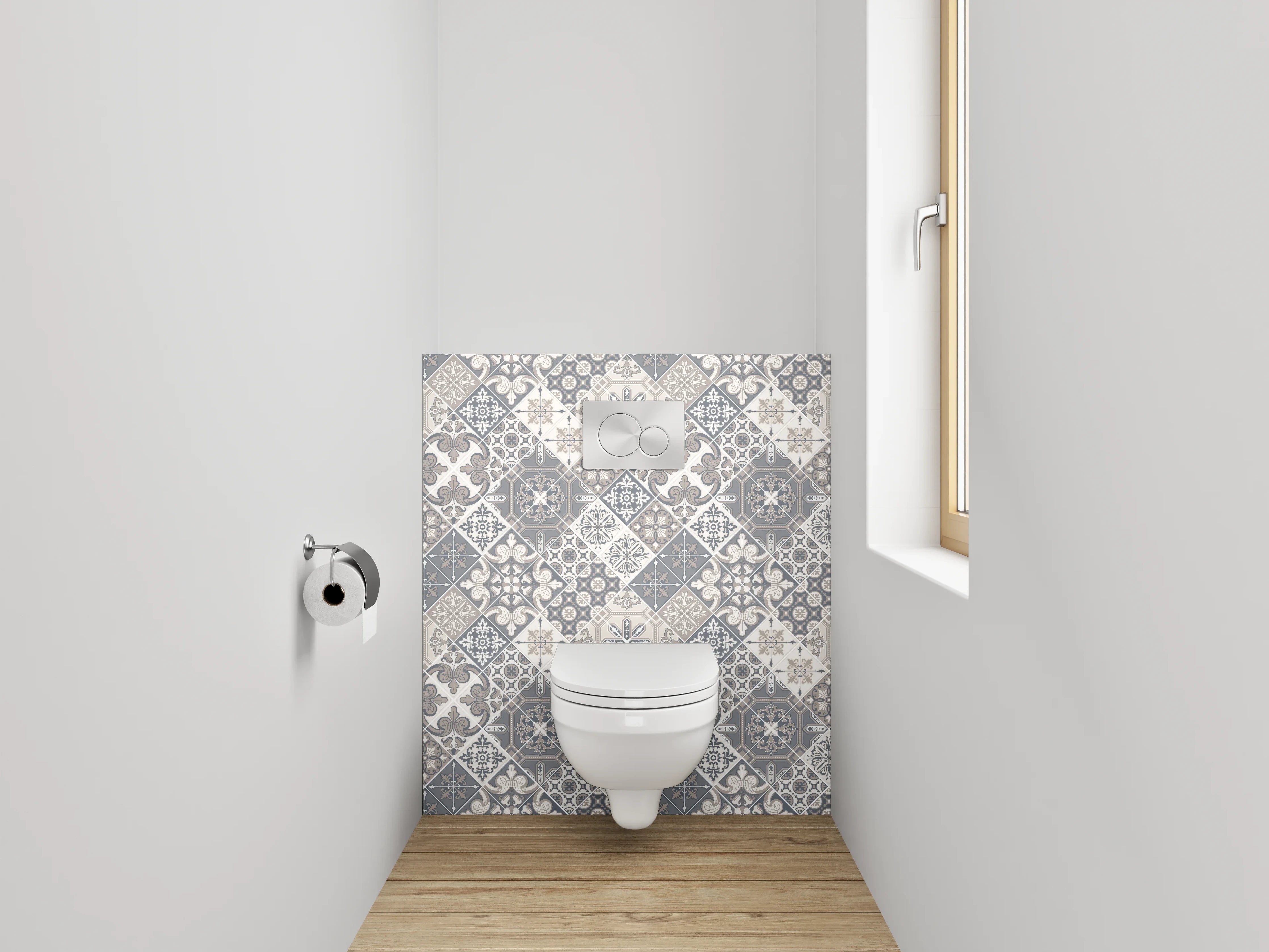 WC-Rückwand - Vintage Fliesenmuster Grau Beige Weiß